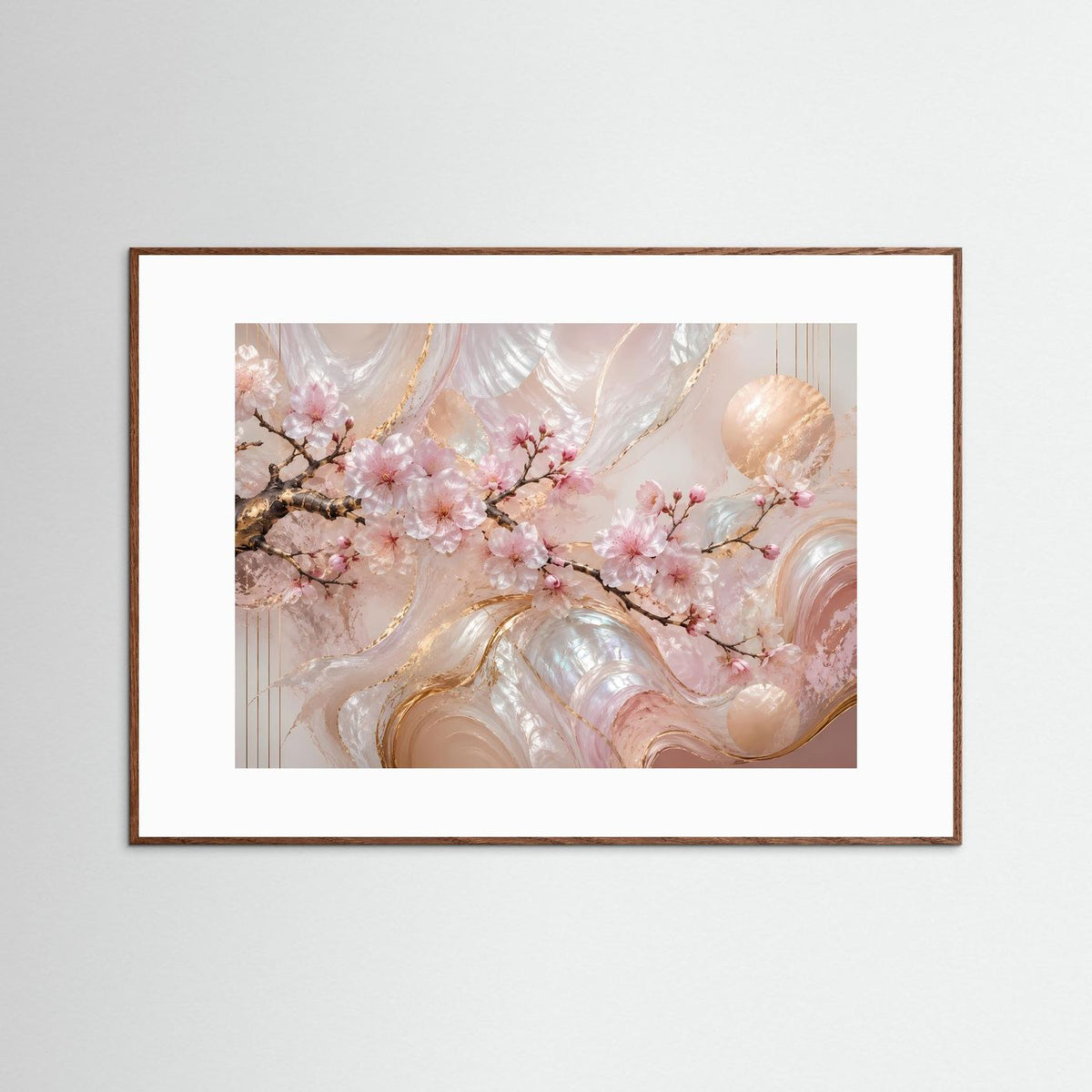 Querformat-Poster mit abstrakten Sakura-Blüten in Rosa und Gold, braun gerahmt