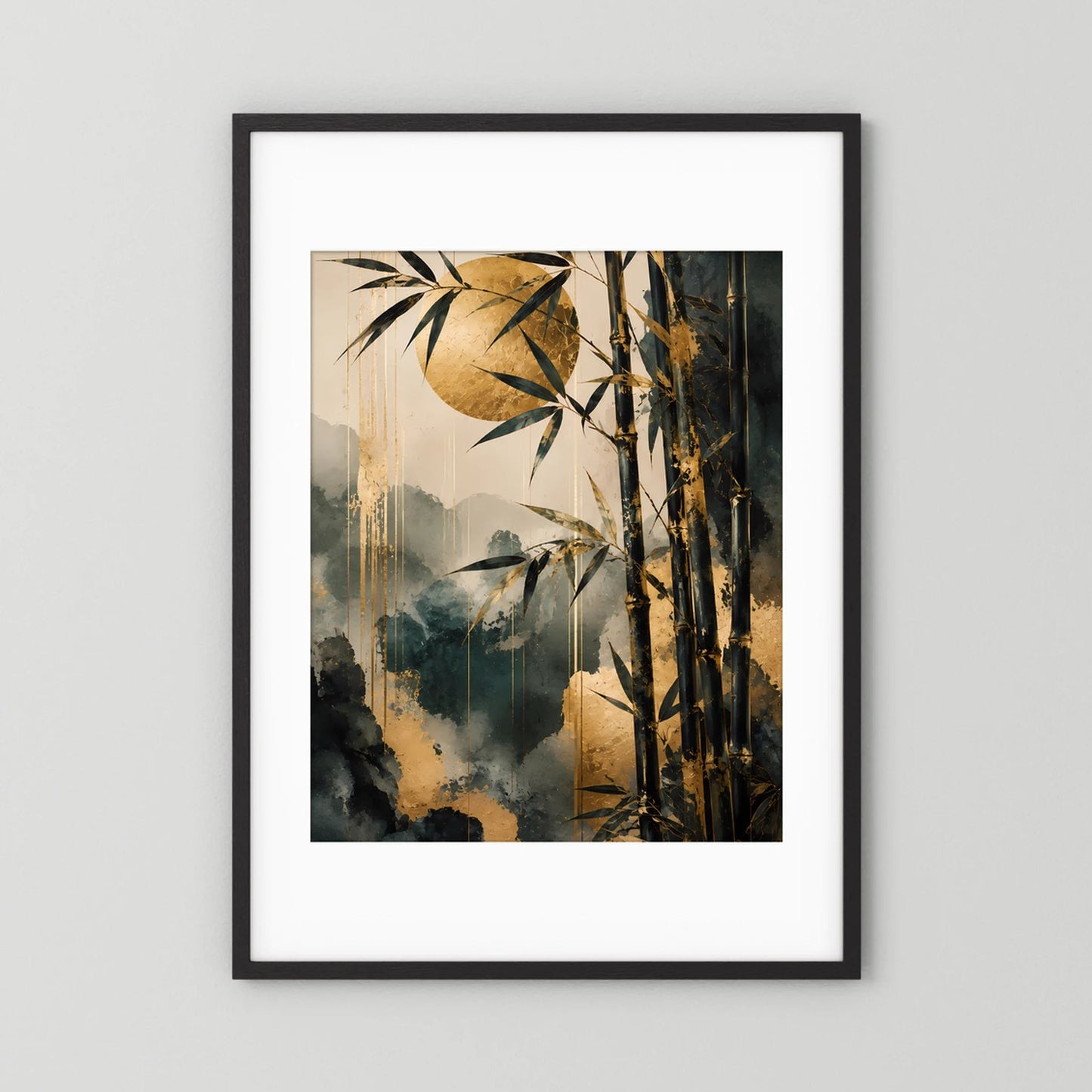 Poster mit abstrakter Bambuskunst im schwarzen Rahmen mit weißem Passepartout