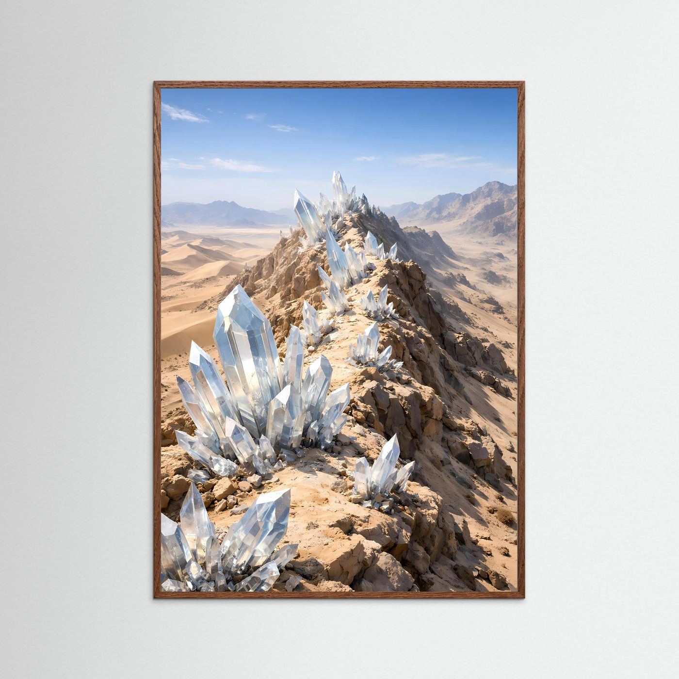 Hochformatiges Kristall-Desert-Poster mit braunem Holzrahmen, silberne Kristalle