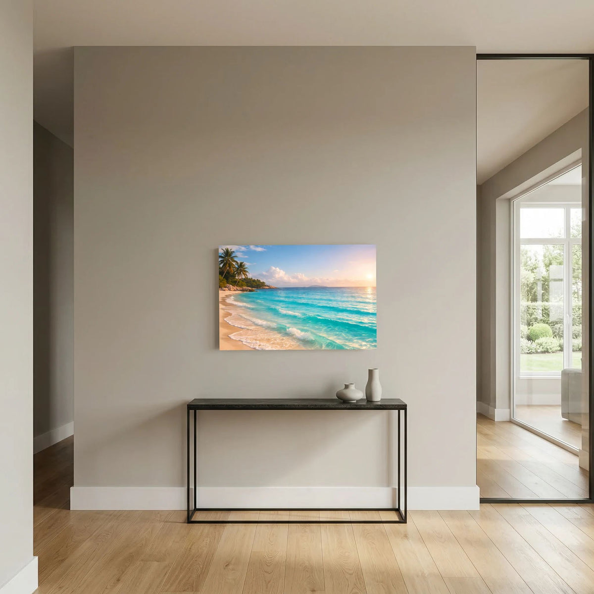 Wandbild mit tropischem Sandstrand und Meer bei Sonnenaufgang, über schwarzer Konsole