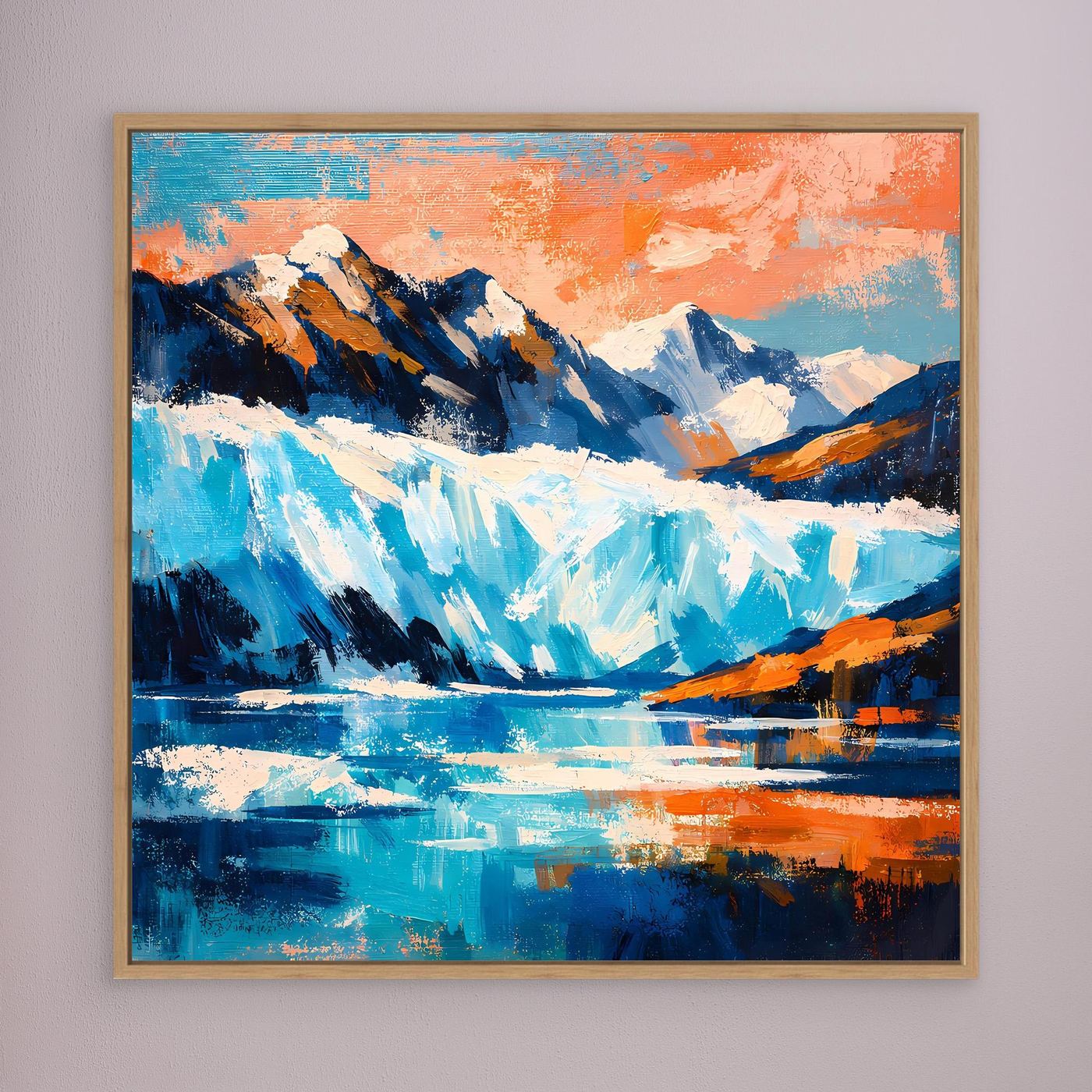 Leinwand-Wandbild mit abstrakter Gletscher- und Berglandschaft, orange-blaue Farbflächen, brauner Rahmen