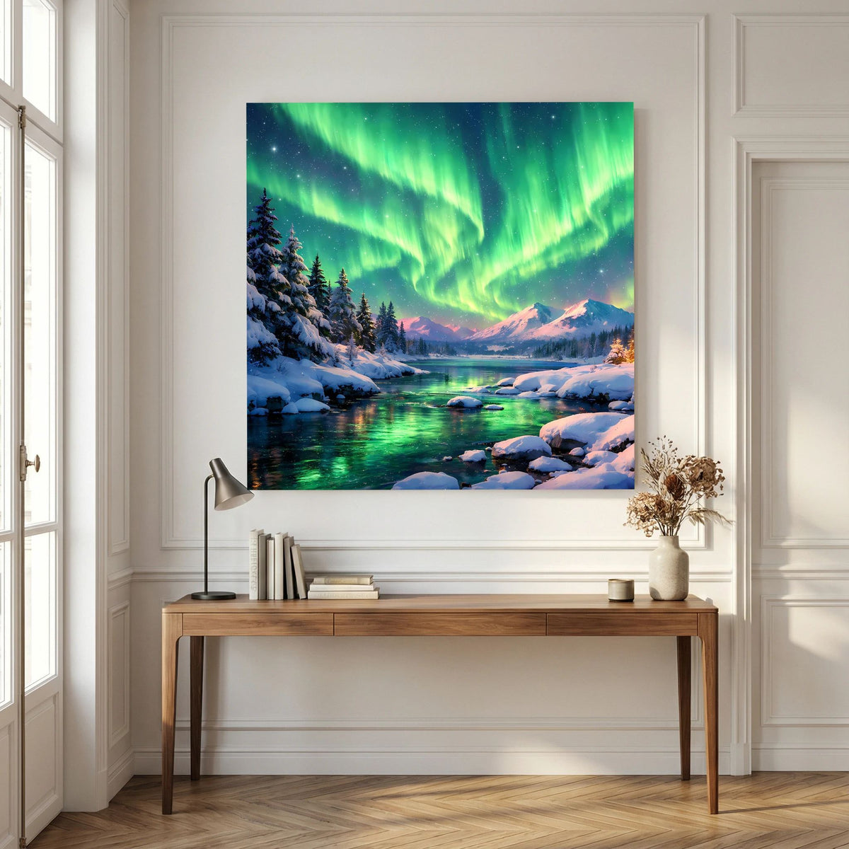 Leinwandbild auf Holzkeilrahmen mit grünen Polarlichtern über Winterlandschaft am Fluss