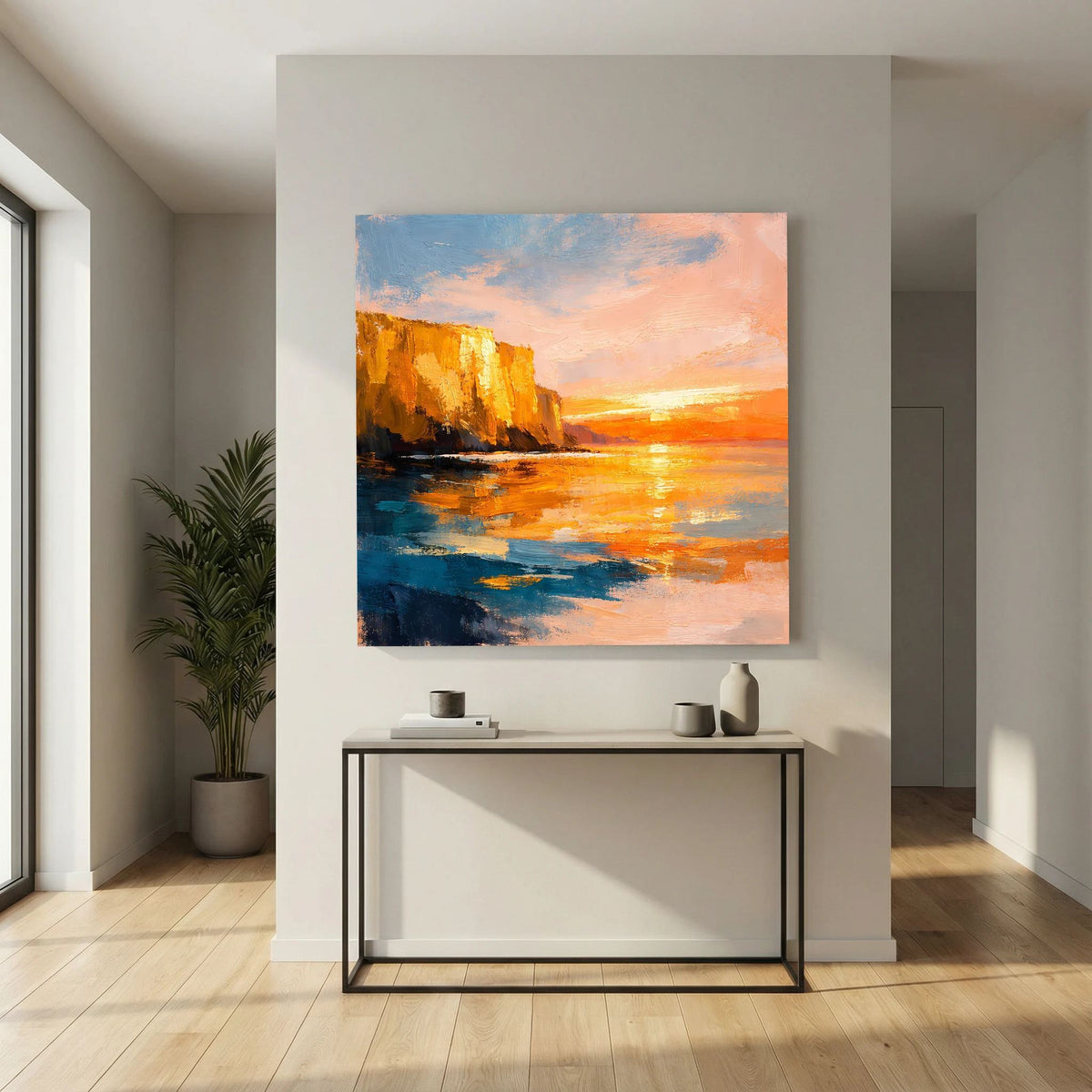 Rechteckiges Leinwand-Wandbild: Sonnenuntergang an der Küste, orange Reflexe und dunkles Blau