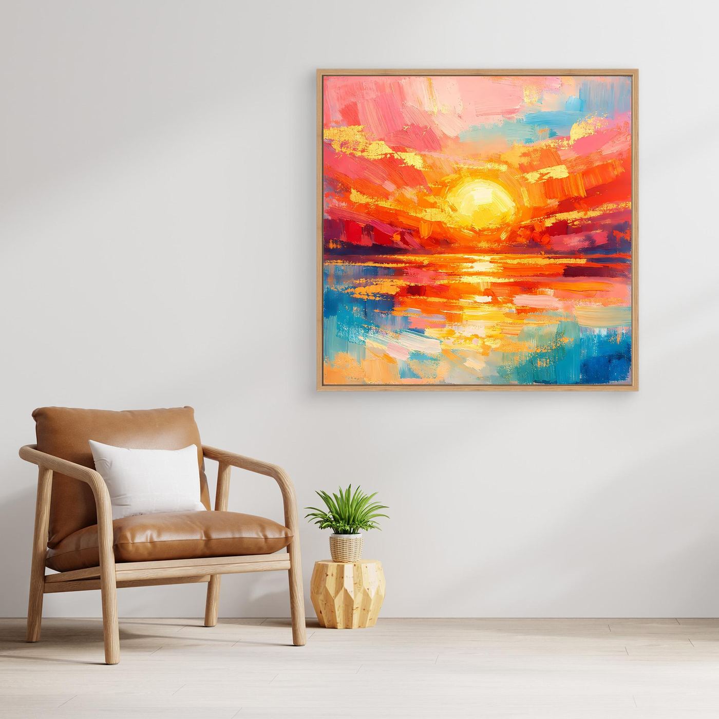 Leinwandbild mit abstraktem Meer und leuchtender Sonne, orange-blaue Pinselstriche, Holzrahmen