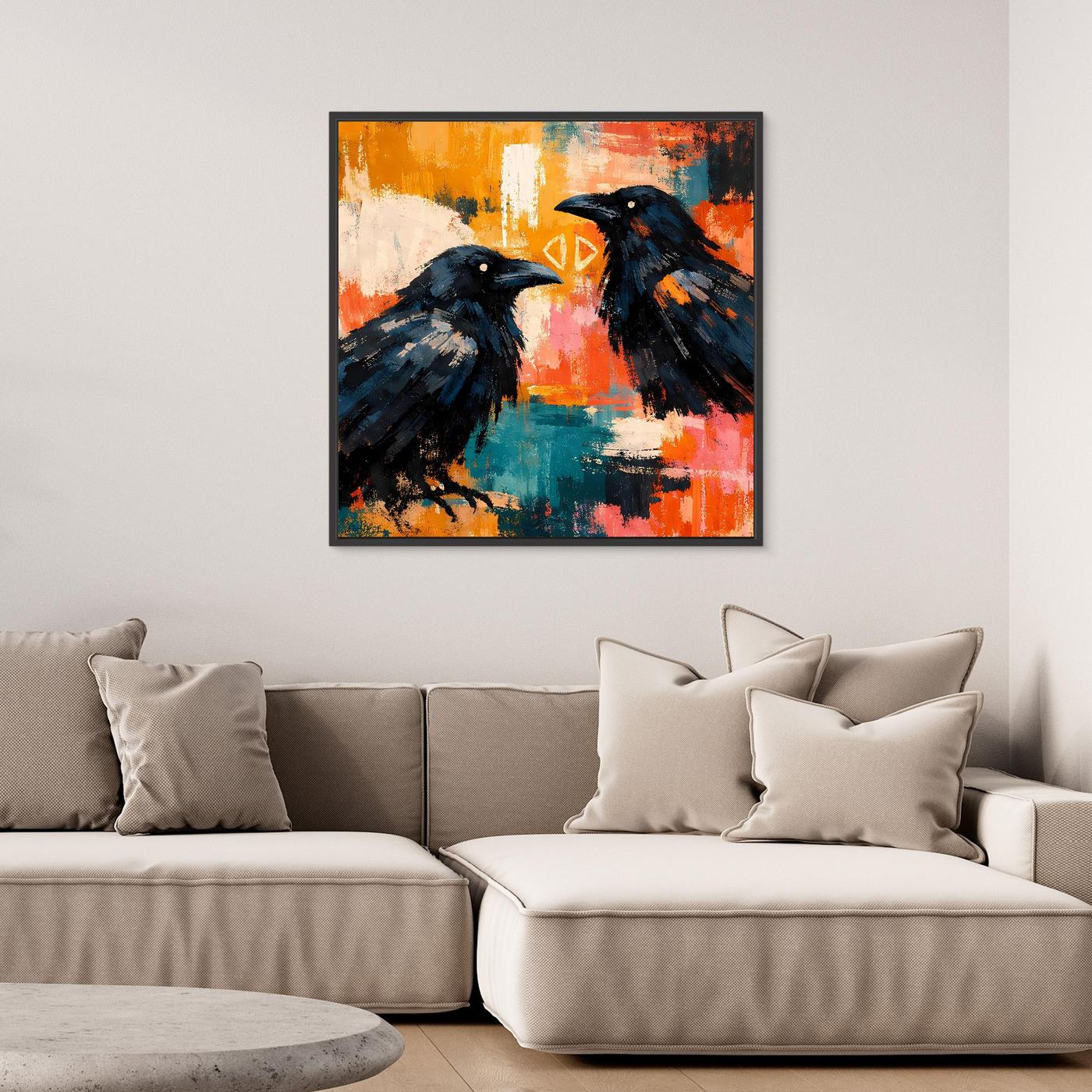 Abstraktes Leinwand-Wandbild mit zwei schwarzen Raben auf farbigem Pinselstrich