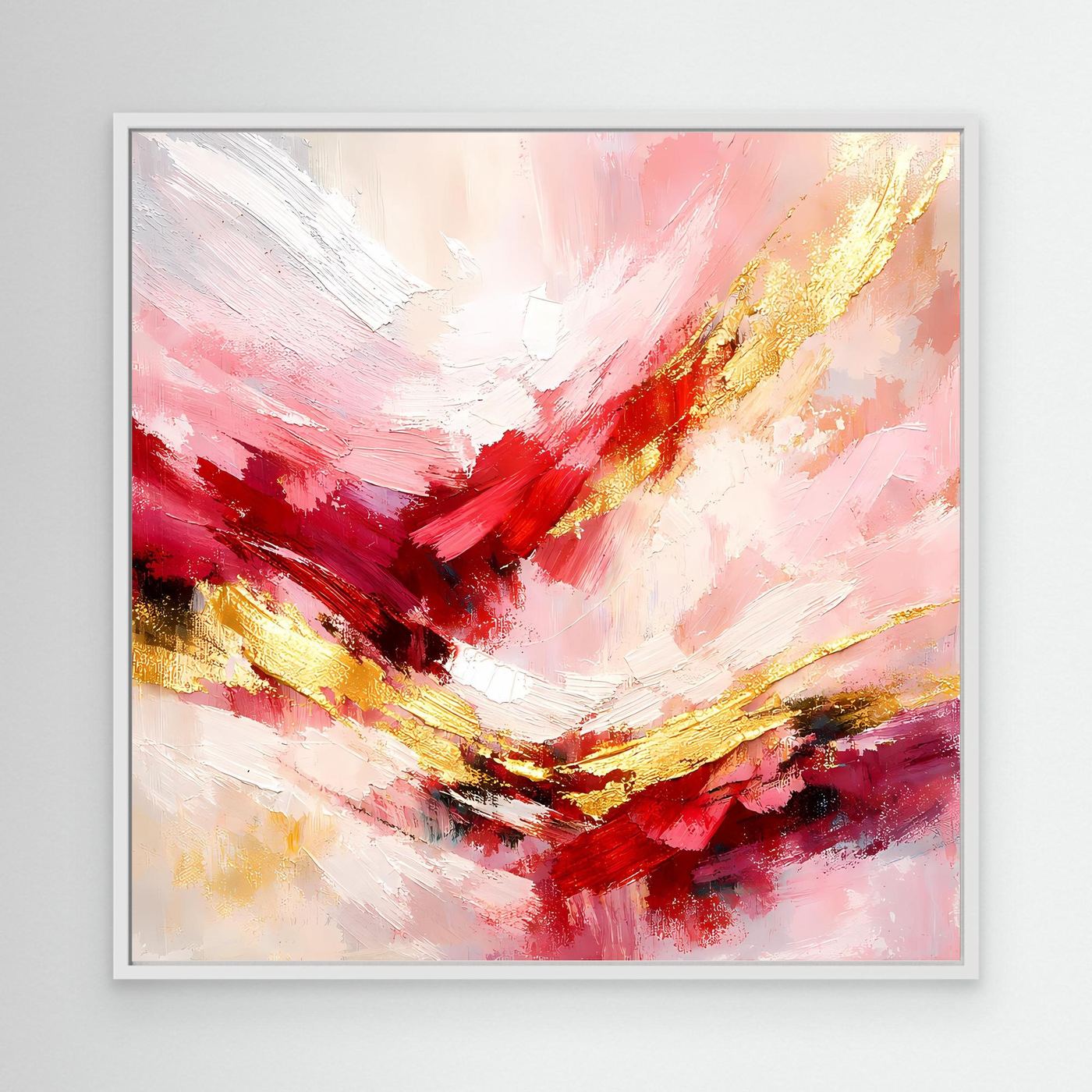 Abstraktes Leinwandbild mit rosa-roten Pinselstrichen und goldenen Akzenten, weißer Rahmen