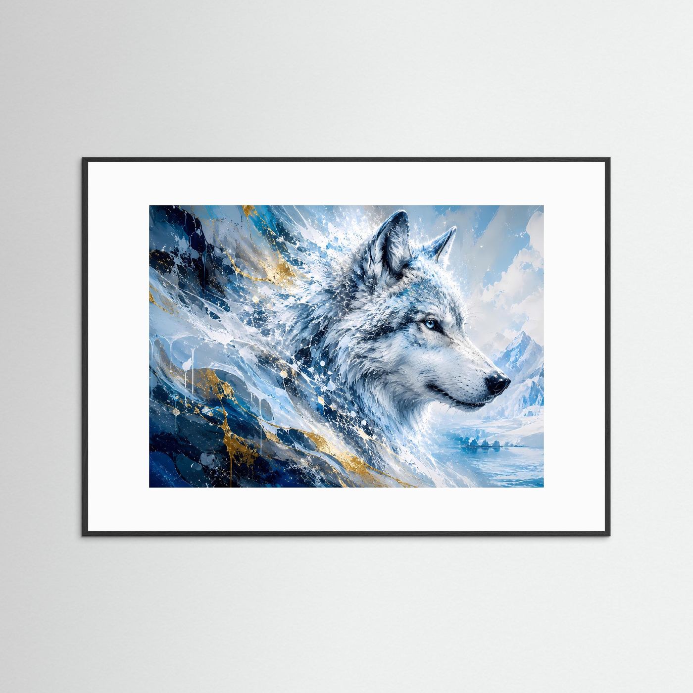 Schneewolf Poster Querformat | Eiswolf Wandbild Modern | Wolf Kunst in Blau Weiß mit Goldakzenten