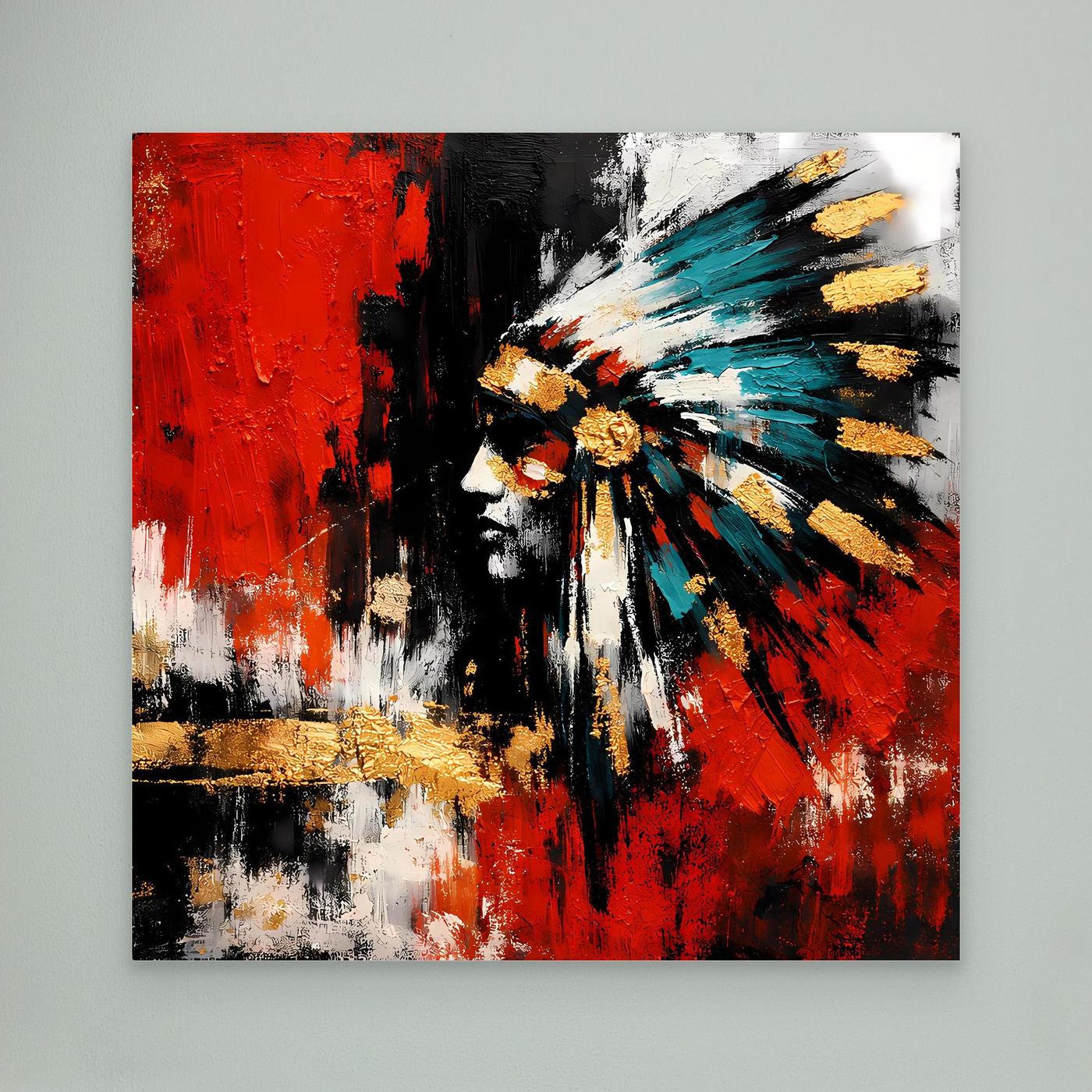 Leinwand-Wandbild mit abstraktem Porträt in Rot, Schwarz und Türkis, heller Rand