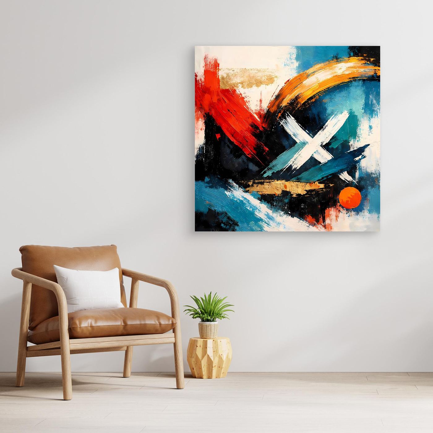 Leinwandbild mit abstraktem Motiv aus Rot, Blau und Schwarz, goldenem Schwung und X