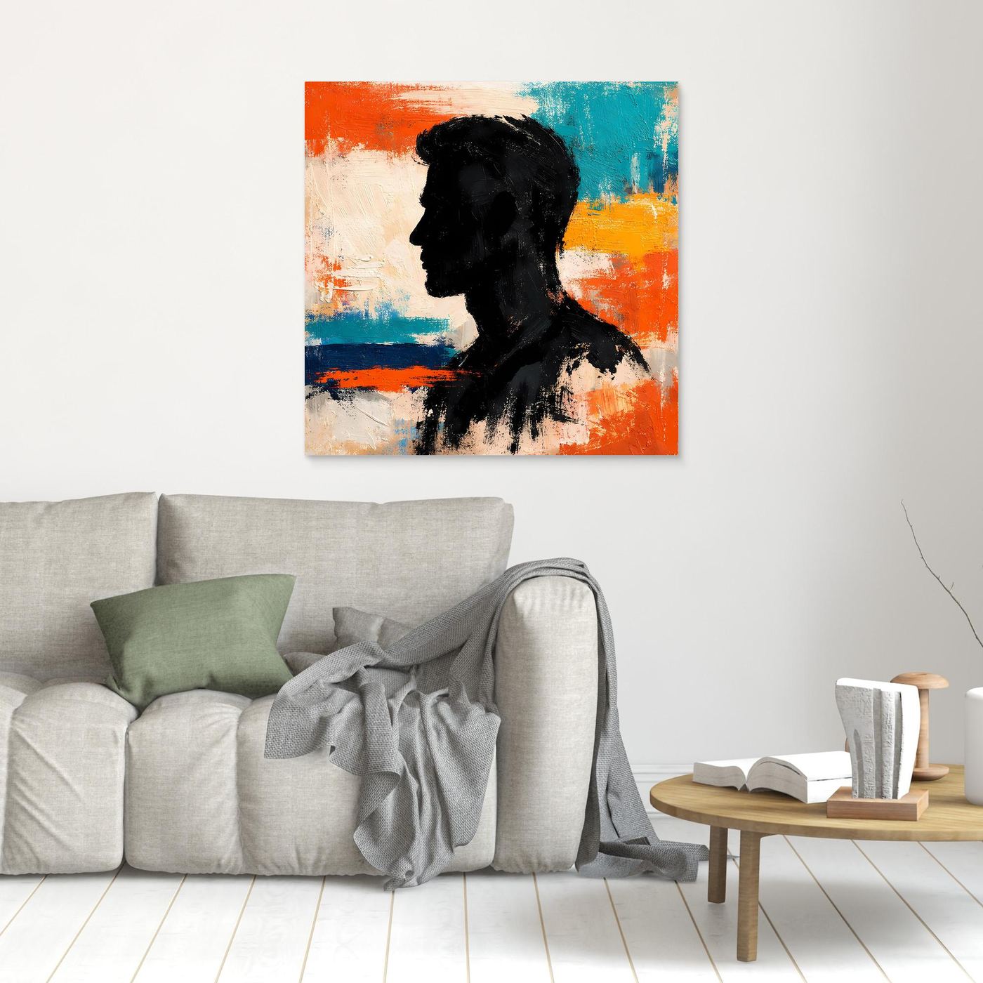 Small abstract men silhouette canvas wall art, no visible frame