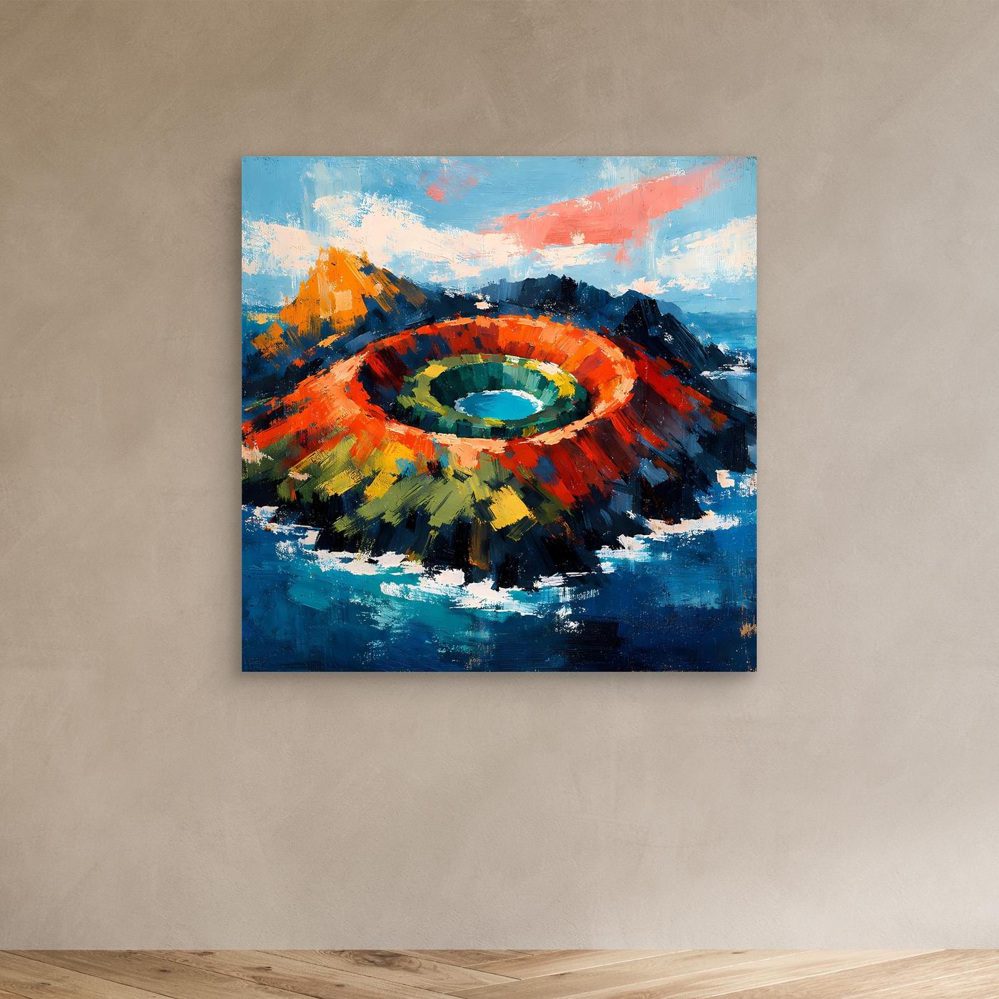 Abstraktes Leinwand-Wandbild mit Vulkankrater im Meer, leuchtende Farbwirbel