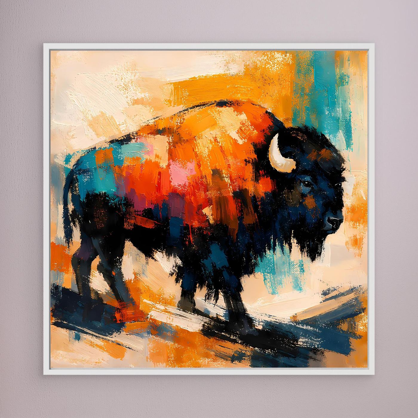 Abstract bison canvas wall art with dark silhouette and orange, teal, and blue colorful brushstrokes