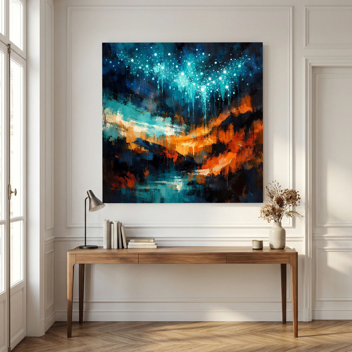 Abstraktes Wandbild mit türkisblauem Sternenhimmel, orangefarbenem Bogen und See