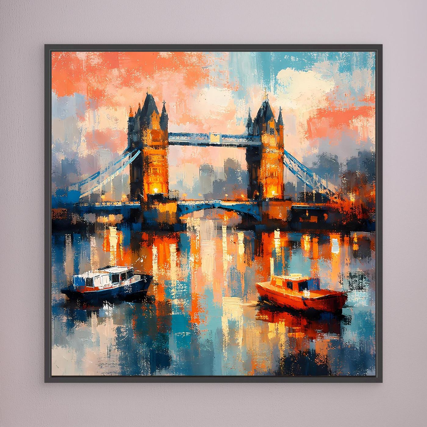 Abstraktes Leinwand-Wandbild mit Tower Bridge-Spiegelung und Booten, schwarzer Rahmen