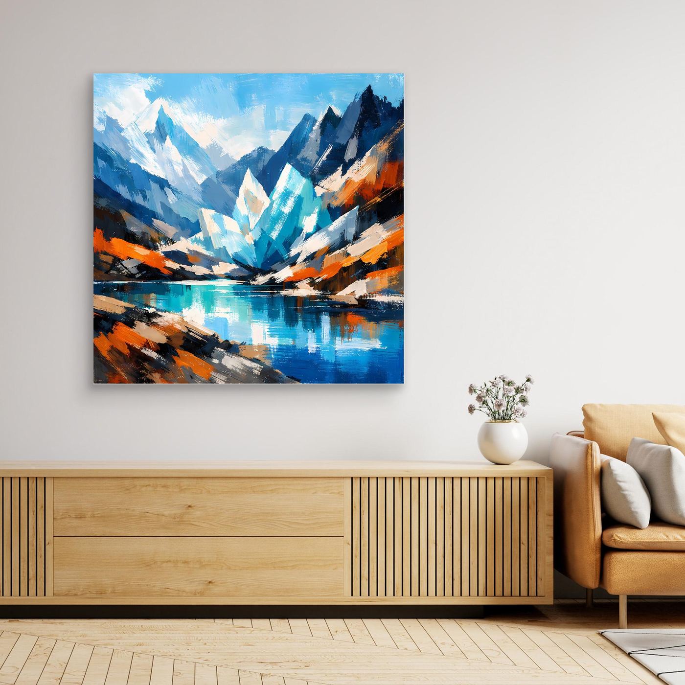 Leinwand-Wandbild mit abstrakter Berglandschaft und spiegelndem blauen See