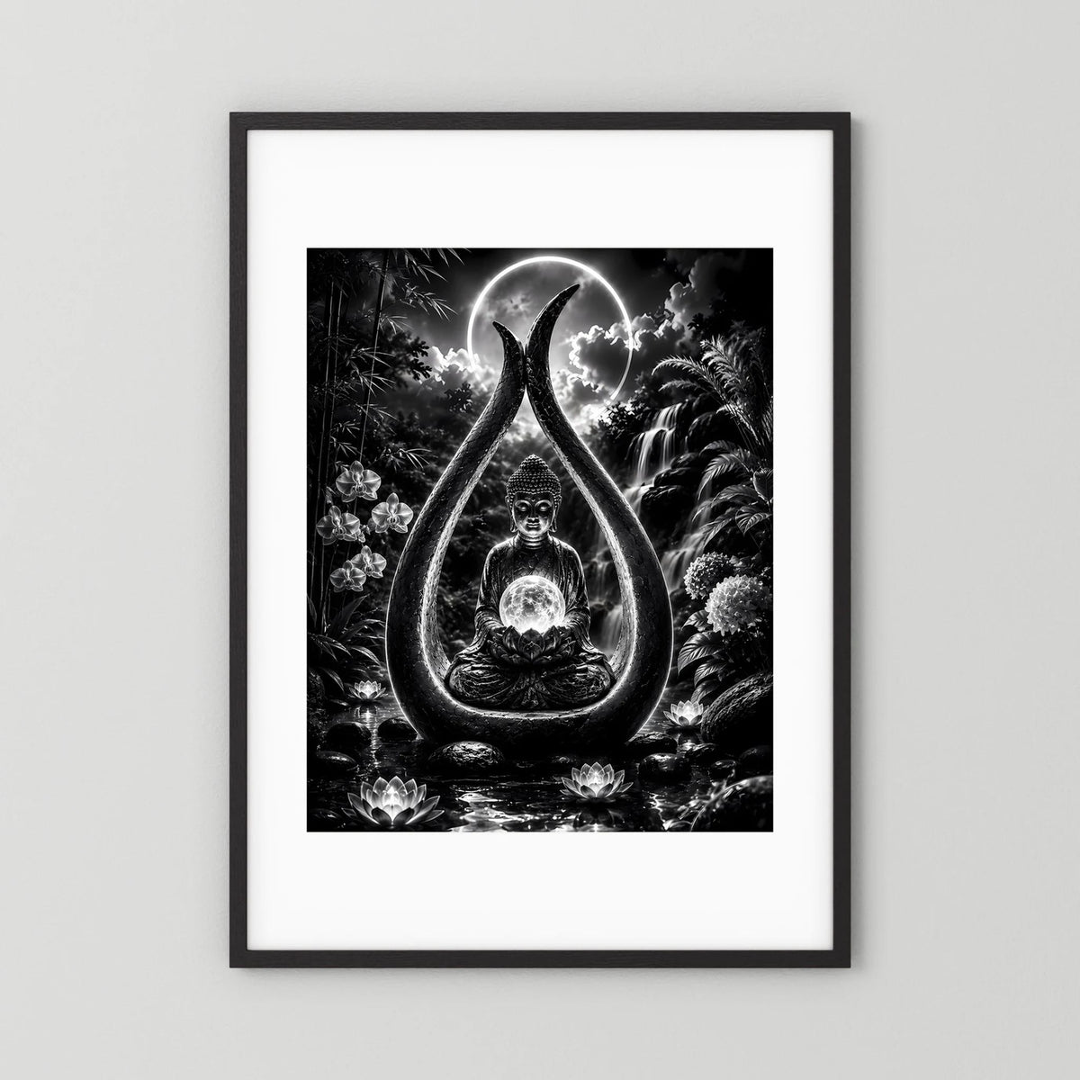 Hochformatiges Zen-Poster mit sitzendem Buddha im Tropfen-Motiv, Schwarzweiß, mit schwarzem Rahmen.