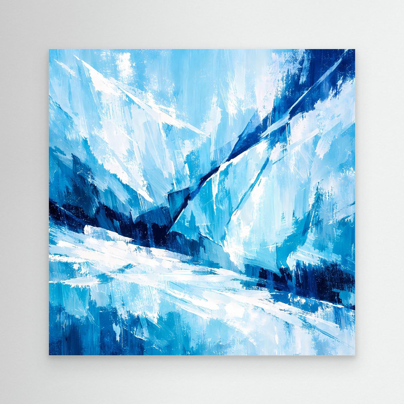 Leinwand-Wandbild mit abstraktem Gletschermotiv in Blau und Weiß, ohne Rahmen