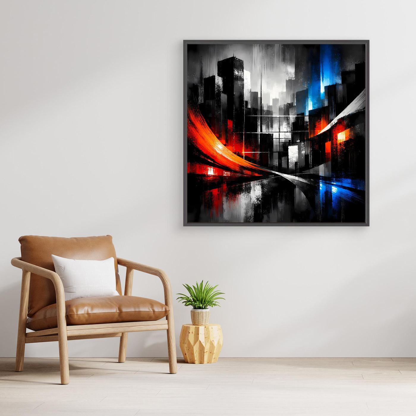 Wandbild mit abstrakter Skyline bei Nacht, rote Lichtlinie und blauer Schein über dunklen Gebäuden
