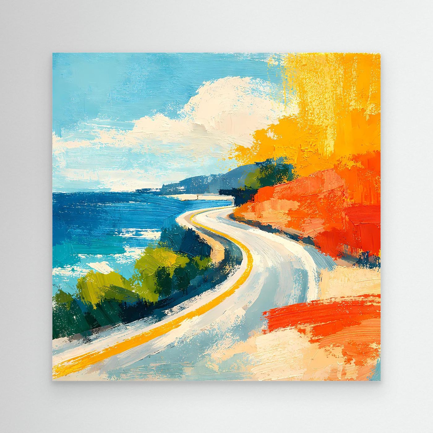 Abstract coastal street wall art with curving road, blue sea, orange and yellow accents