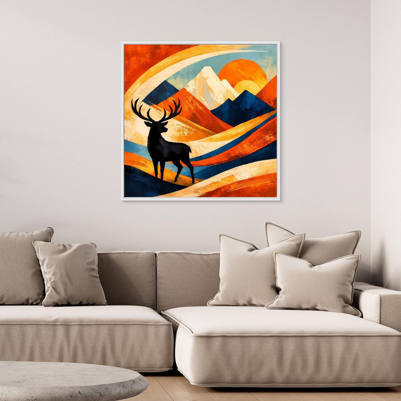 Leinwandbild mit silhouettierten Hirsch und abstrakten Gebirgen, orangefarbener Farbverlauf