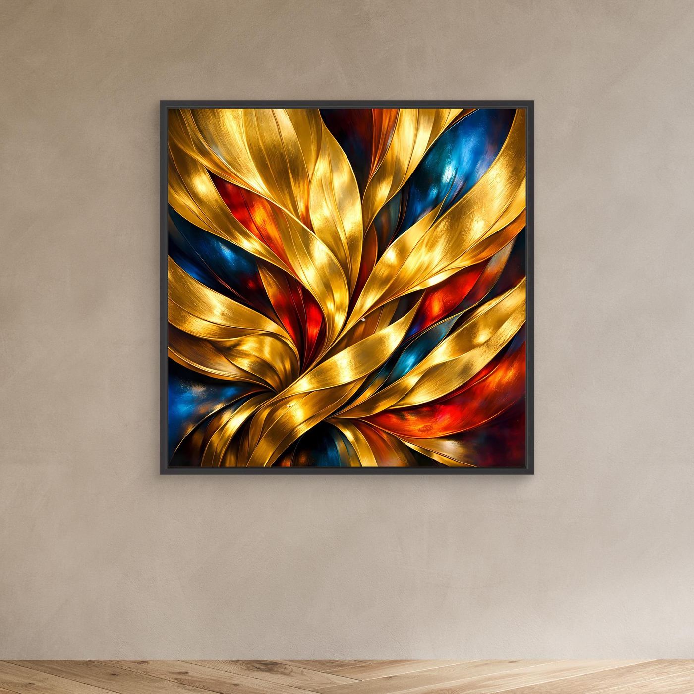 Leinwandbild mit abstraktem goldenem Wellenmotiv, schwarzer Rahmen, Rot- und Blautöne