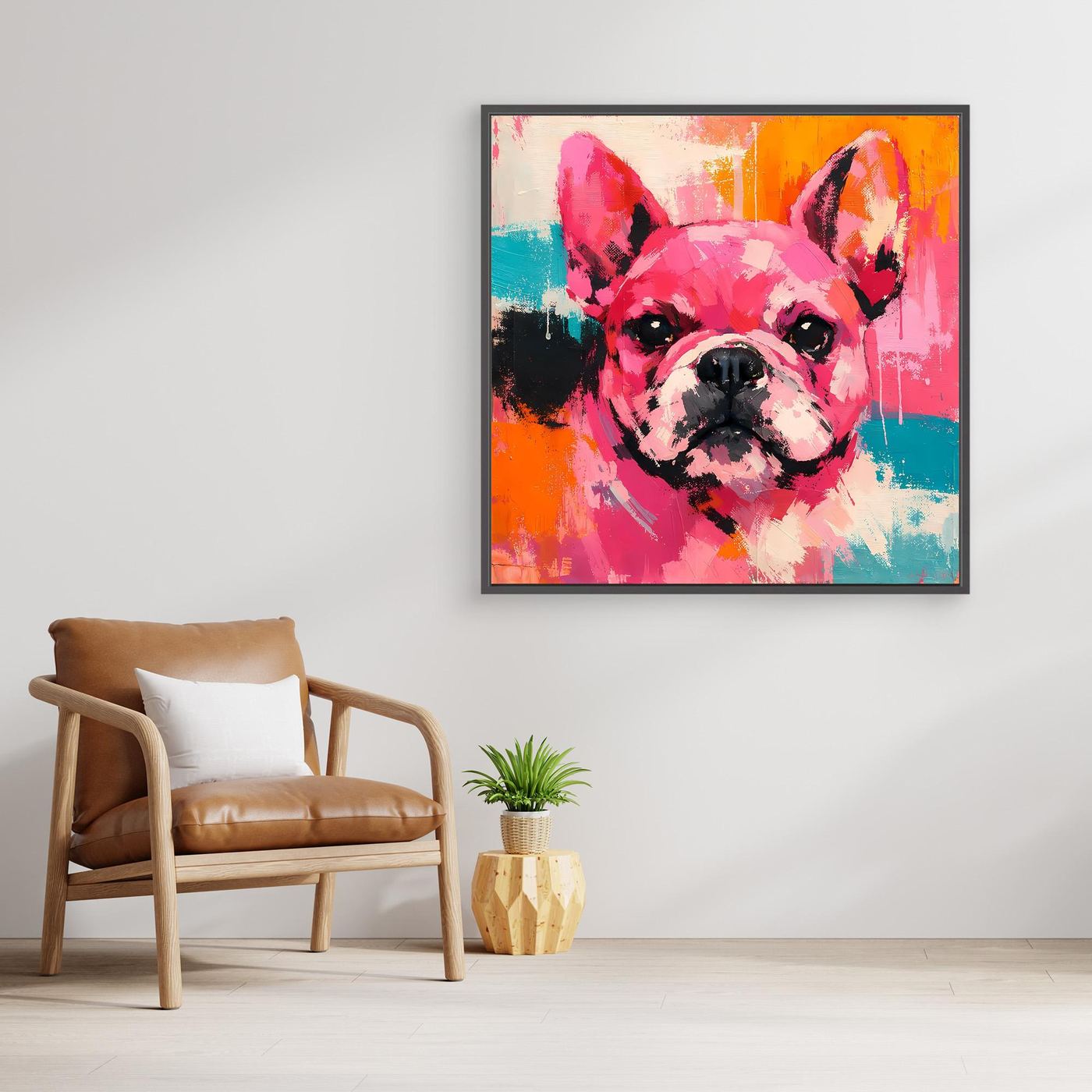 Abstract French bulldog portrait canvas wall art in a frame; pink face with orange and teal paint splatters