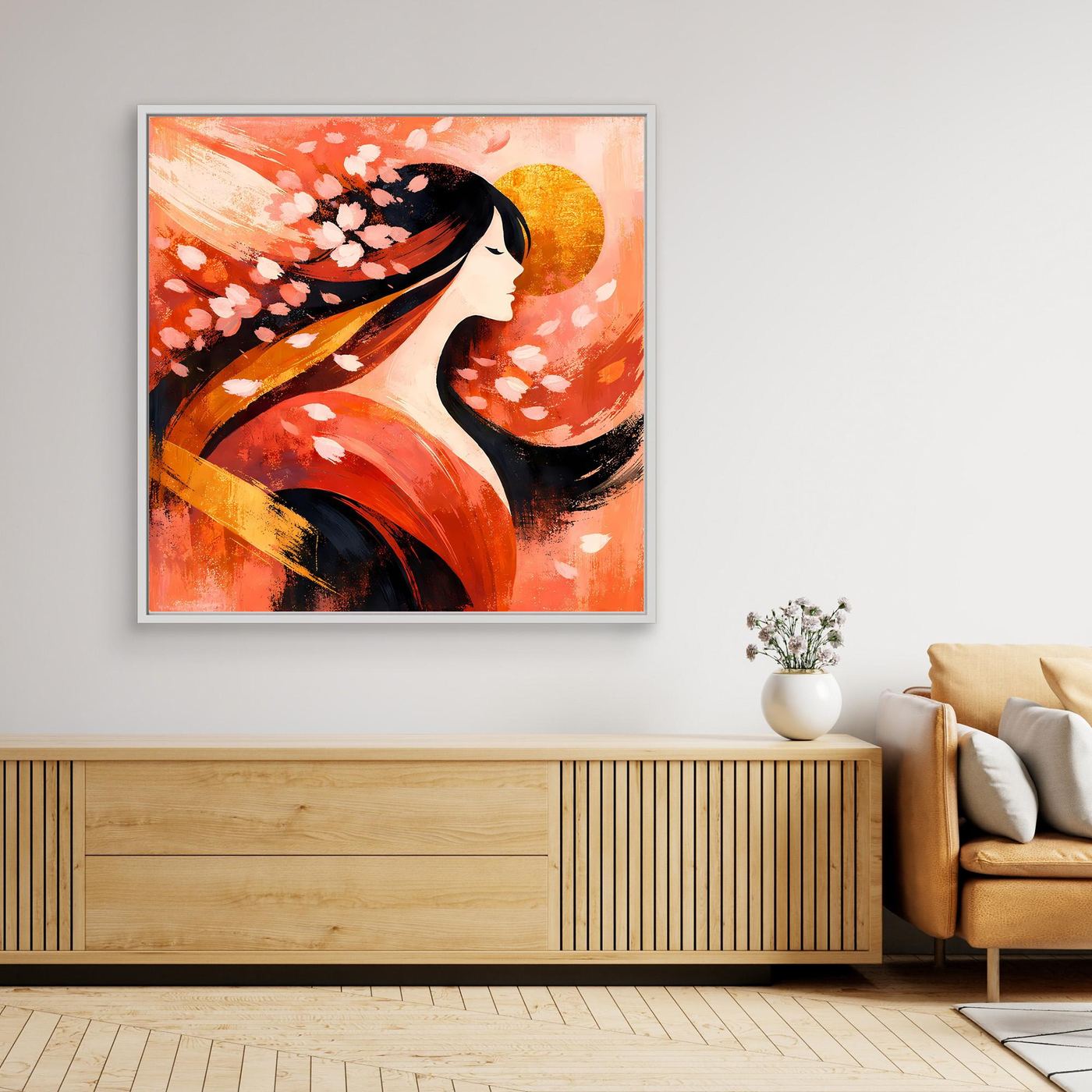 Leinwand-Wandbild mit abstrakter Geisha und Kirschblüten, weißer Rahmen