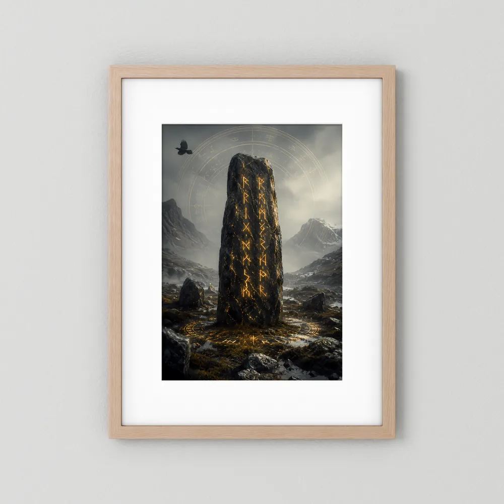 Hochformat-Poster im hellen Holzrahmen mit Passepartout: Runenstein und goldene Runenzeichen.