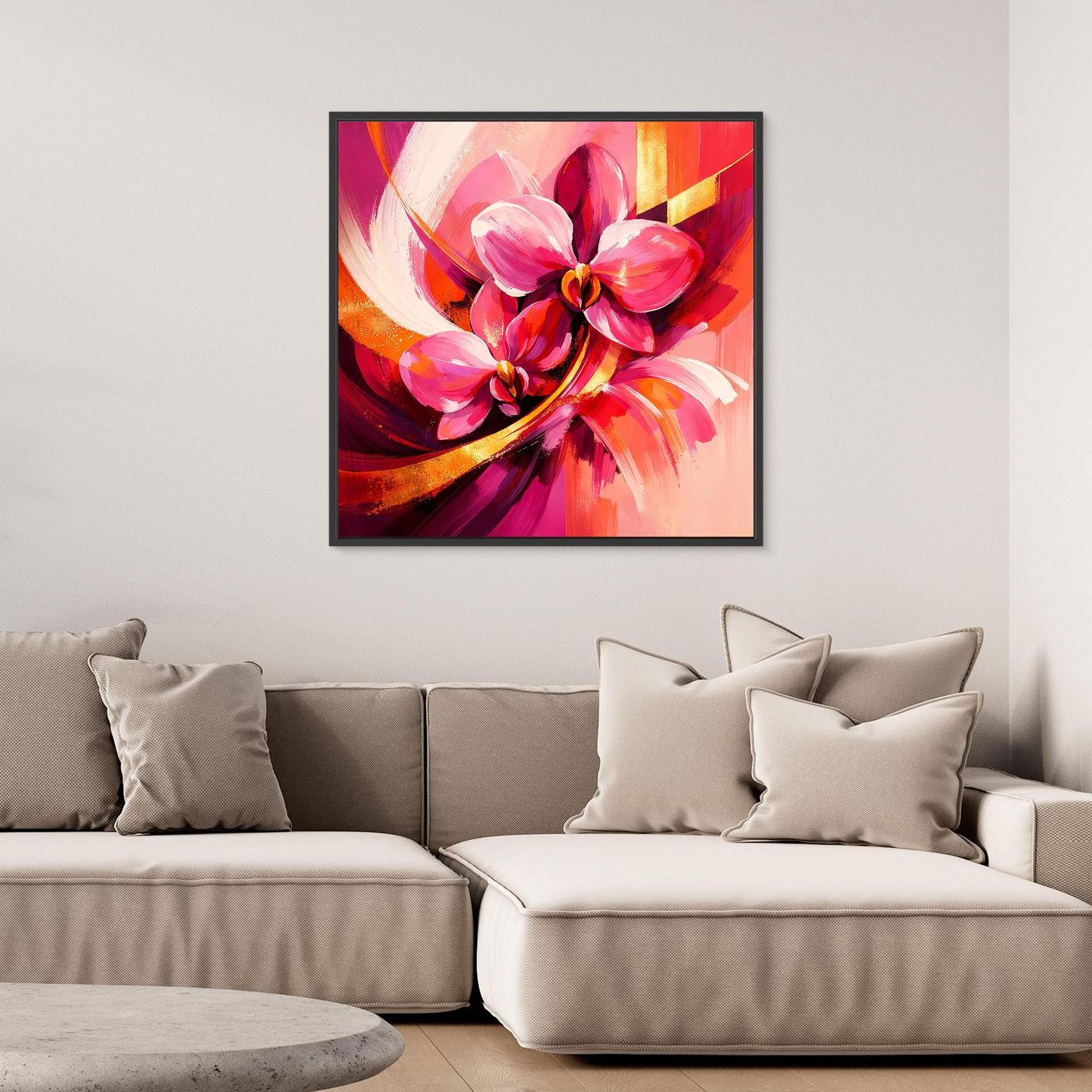 Gerahmtes Leinwandbild mit abstrakter Orchidee, Pink-Rot und warmen Goldtönen