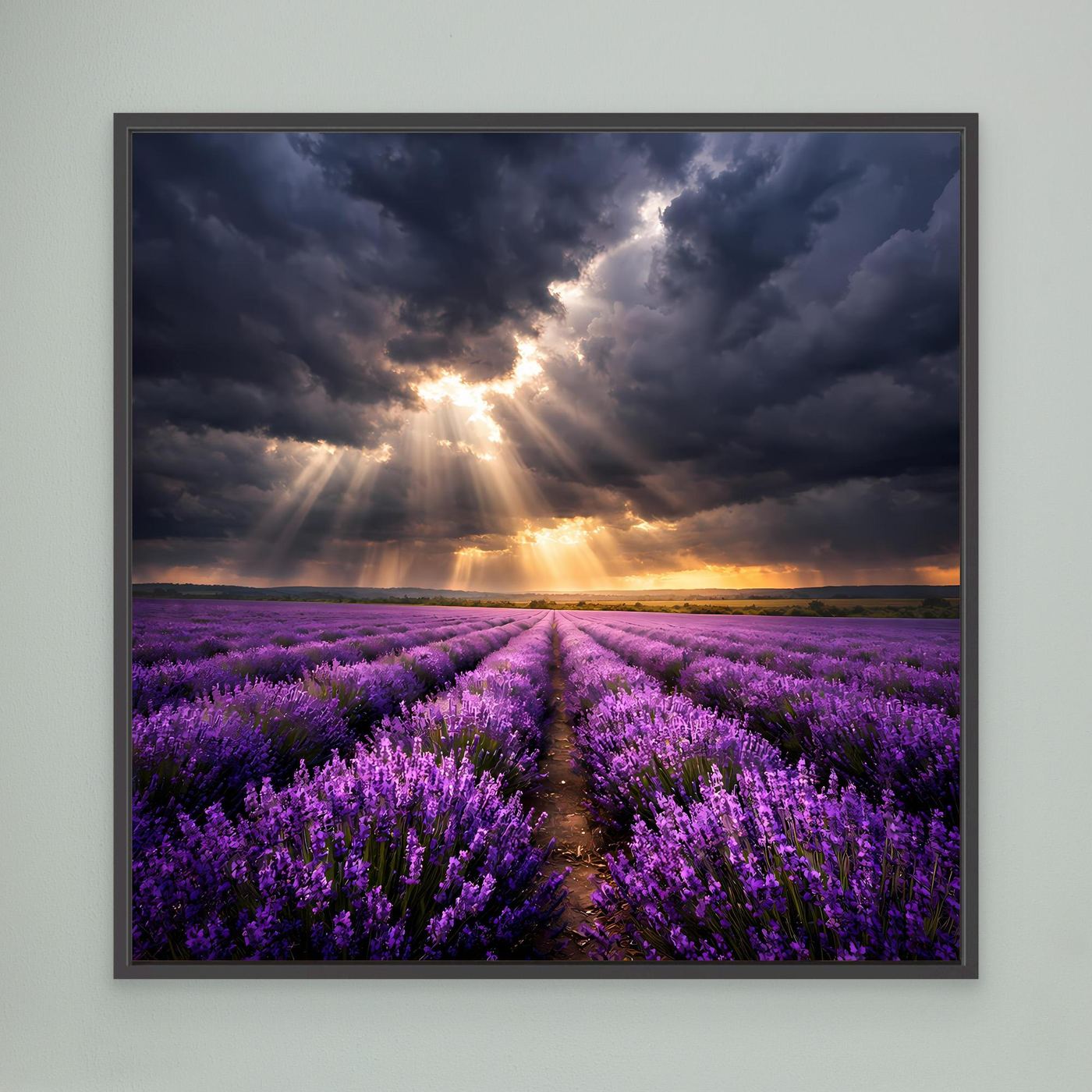 Leinwandbild mit lila Lavendelfeld, Lichtstrahlen durch Wolken, Sonnenuntergang; schwarzer Rahmen