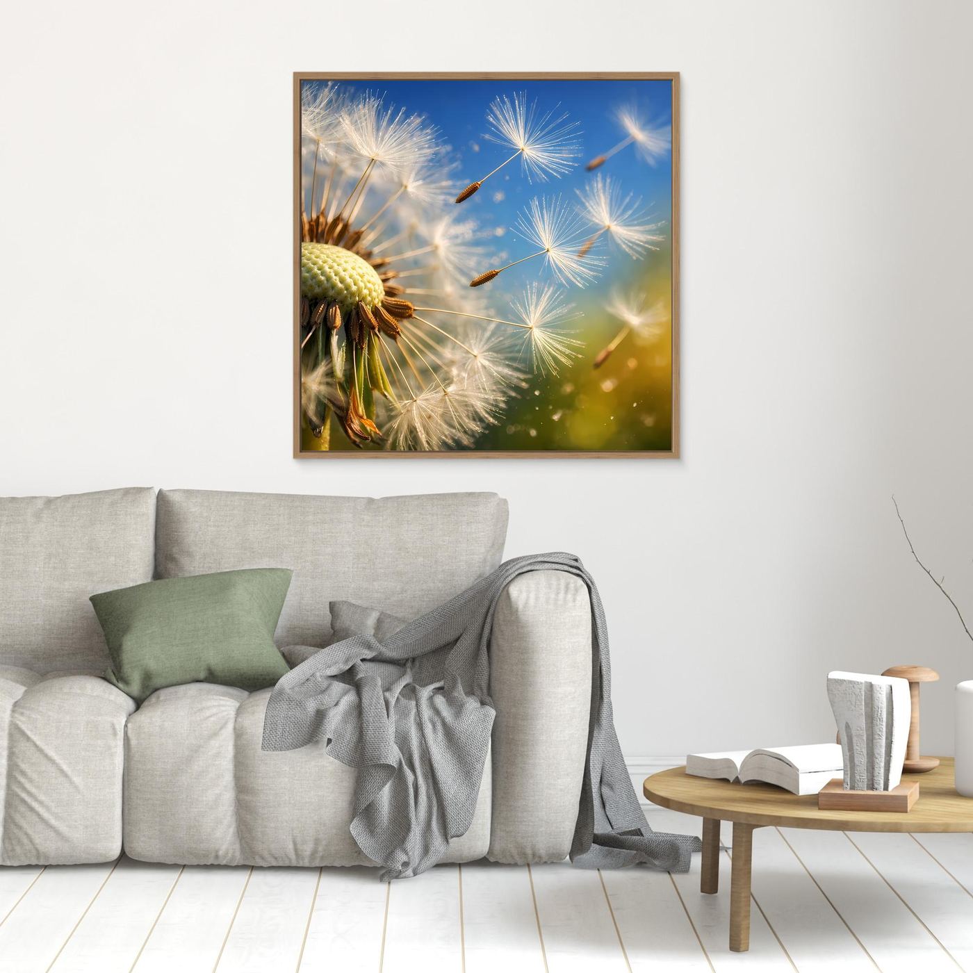 Quadratisches Leinwandbild mit fliegenden Pusteblumen und Löwenzahn, goldbrauner Rahmen