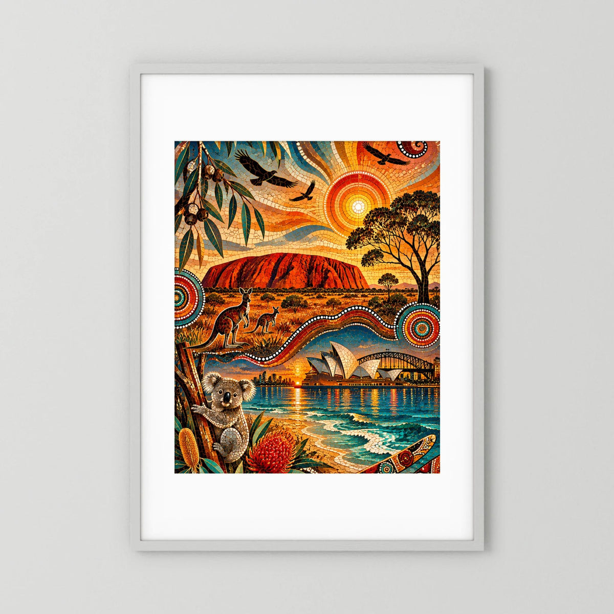 Australien Mosaik | Uluru, Kängurus, Koala & Sydney im Aboriginal-inspirierten Stil | Poster Hochformat