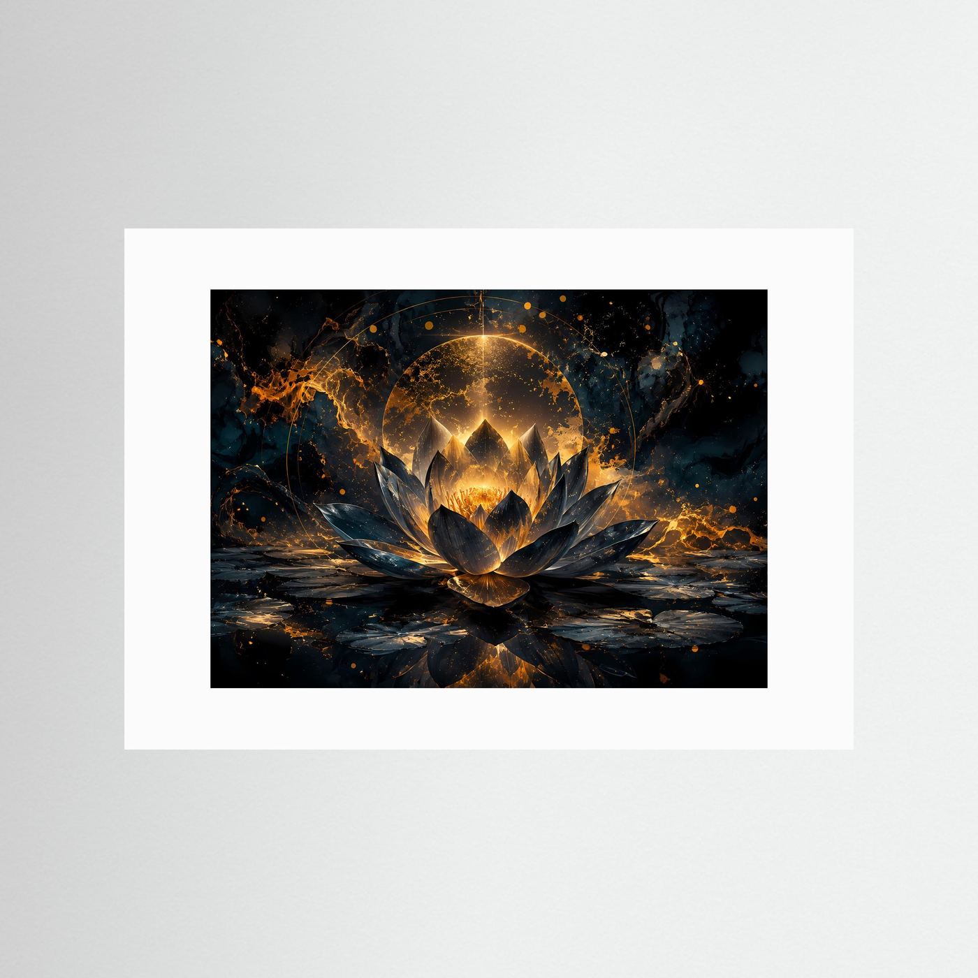 Goldener Lotus im Dunkeln Poster | Mystische Lotusblüte Schwarz Gold Elegantes Zen Wandbild Querformat