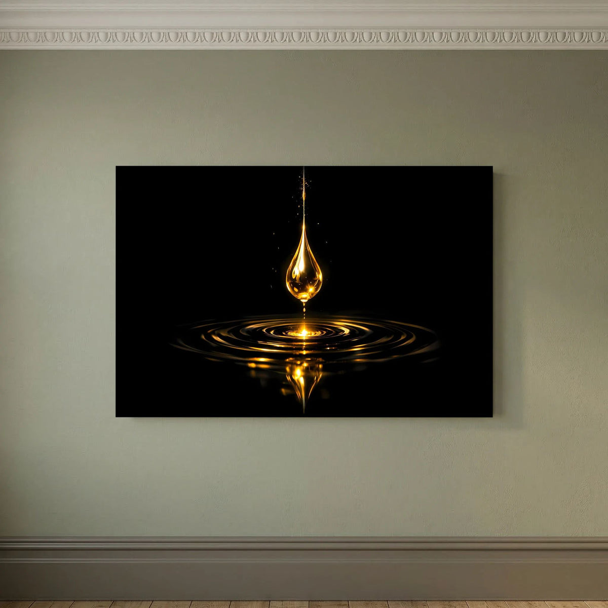 Poster im Querformat mit goldenem Tropfen und kreisförmigen Ringen auf dunklem Hintergrund