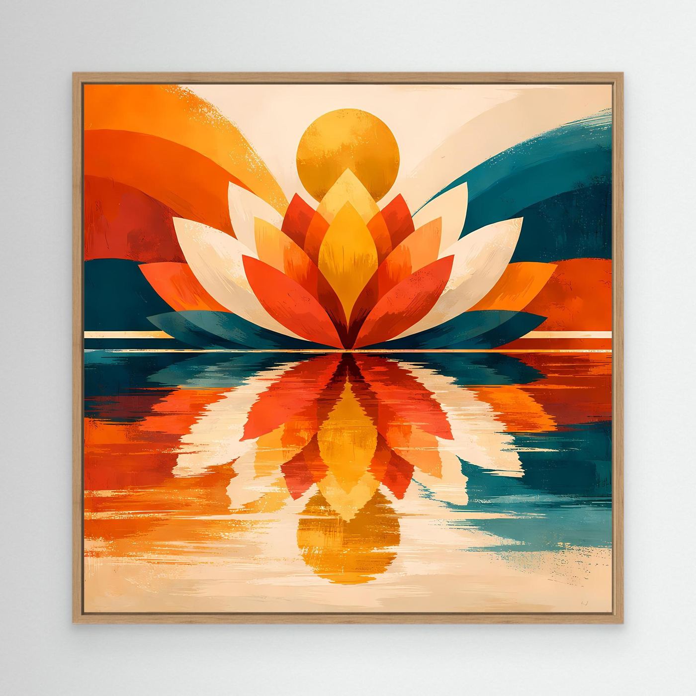 Abstraktes Lotus-Leinwandbild mit Holzrahmen, symmetrisch in Orange und Türkis