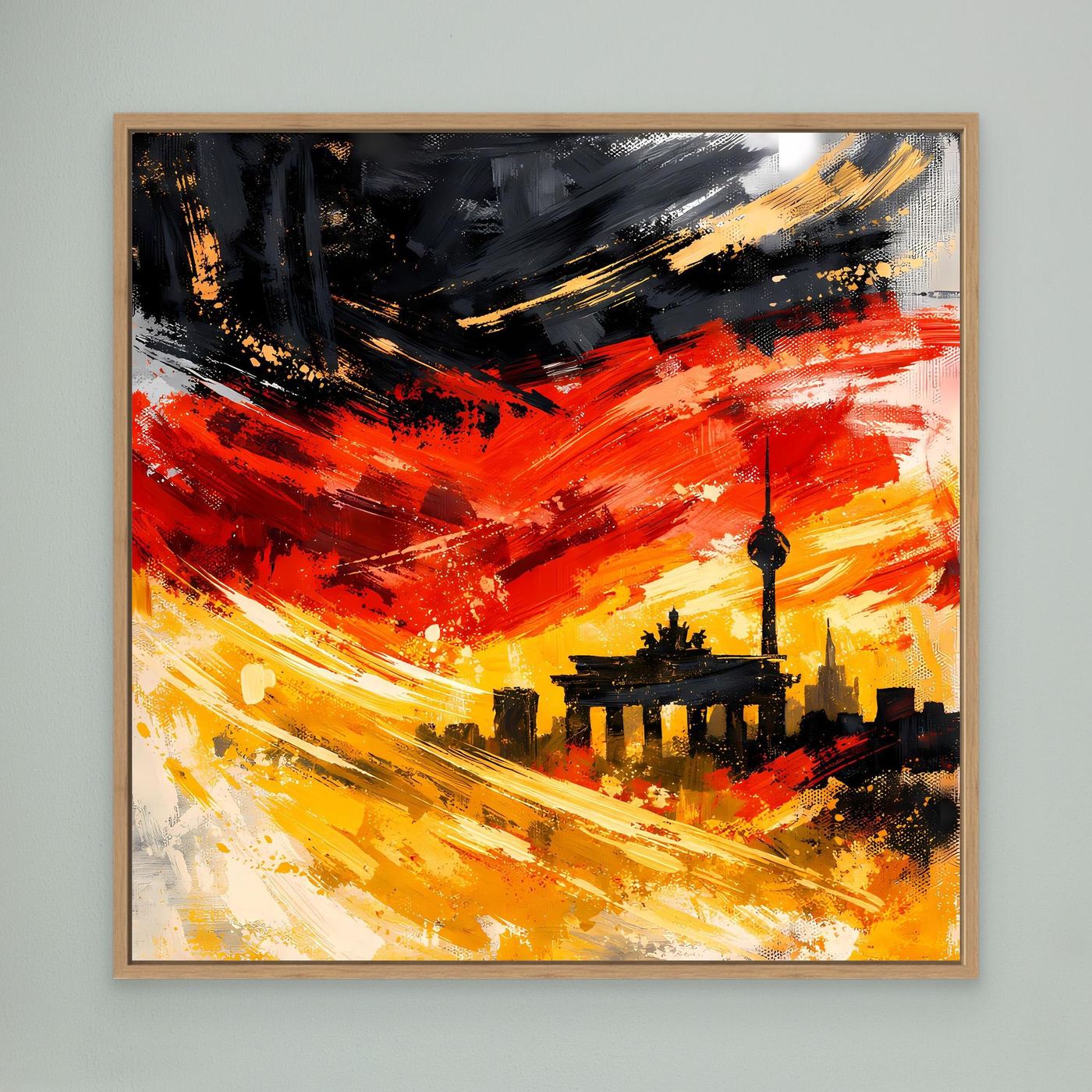Leinwandbild Skyline Berlin mit Eichenrahmen, abstrakte Skyline in Rot, Gelb und Schwarz