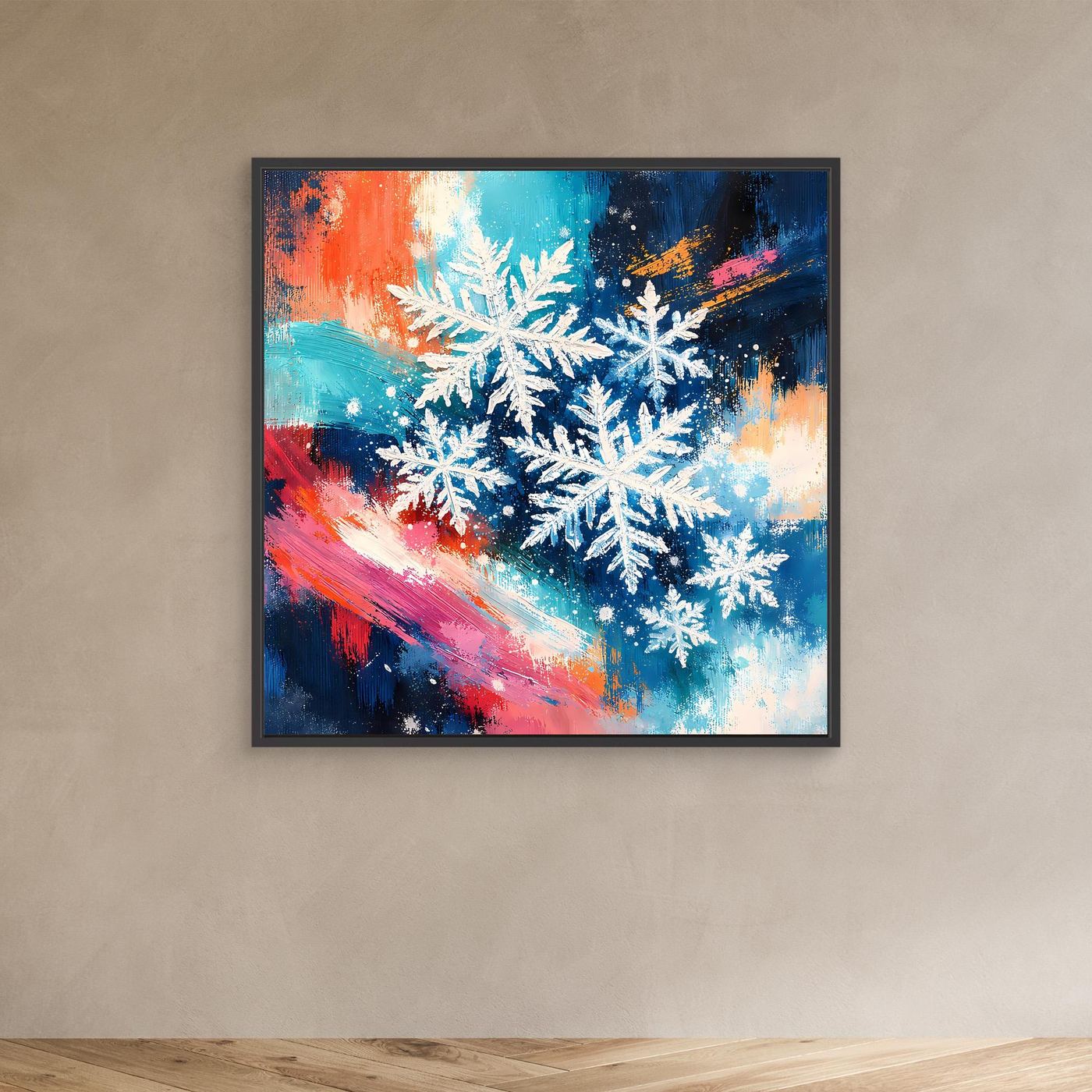 Wandbild mit weißen Schneeflocken im abstrakten Winterstil, im schwarzen Rahmen