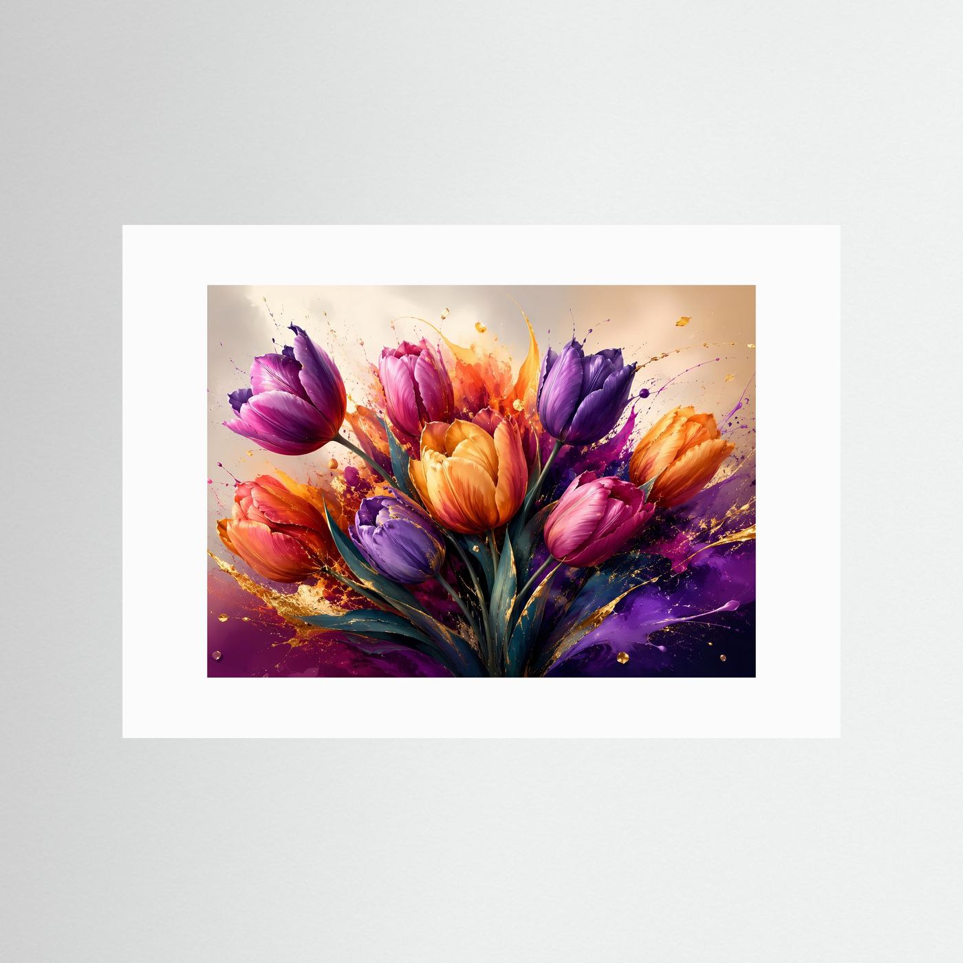 Tulpen Poster | Bunte Blumen Wandkunst | Moderne Abstrakte Tulpen mit Gold | Elegantes Florales Wandbild