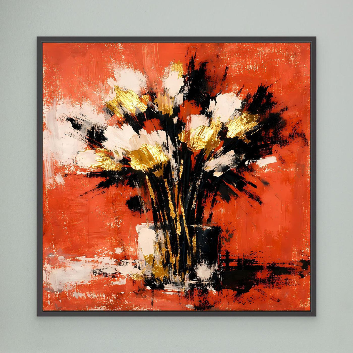 Wandbild mit abstraktem Blumenstrauß, terrakottafarbener Hintergrund, schwarze, weiße und goldene Akzente, schwarz gerahmt