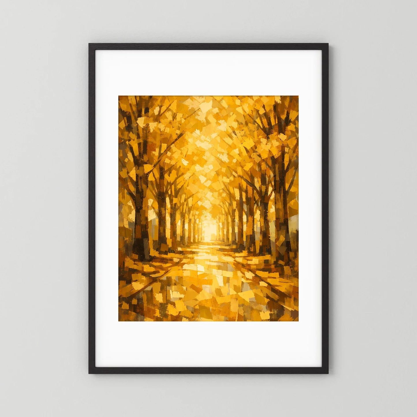 Herbstwald-Wandbild mit Baumallee in Gelb und Gold, schwarzer Rahmen mit weißem Rand