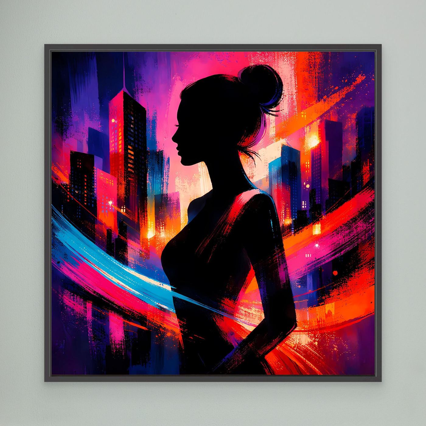 Leinwandbild mit Silhouette einer Frau, Neon-Stadt-Skyline, schwarz gerahmt