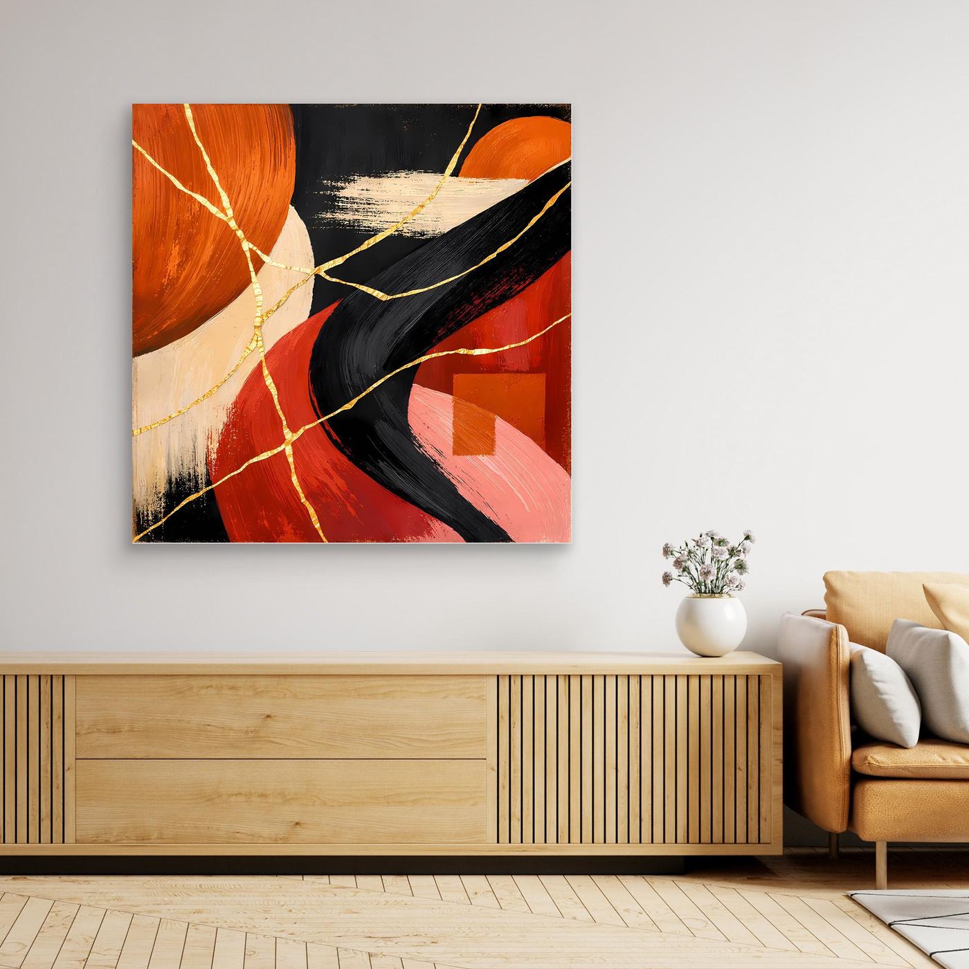 Abstraktes Leinwand-Wandbild mit Kintsugi-Goldlinien in Rot, Schwarz und Beige