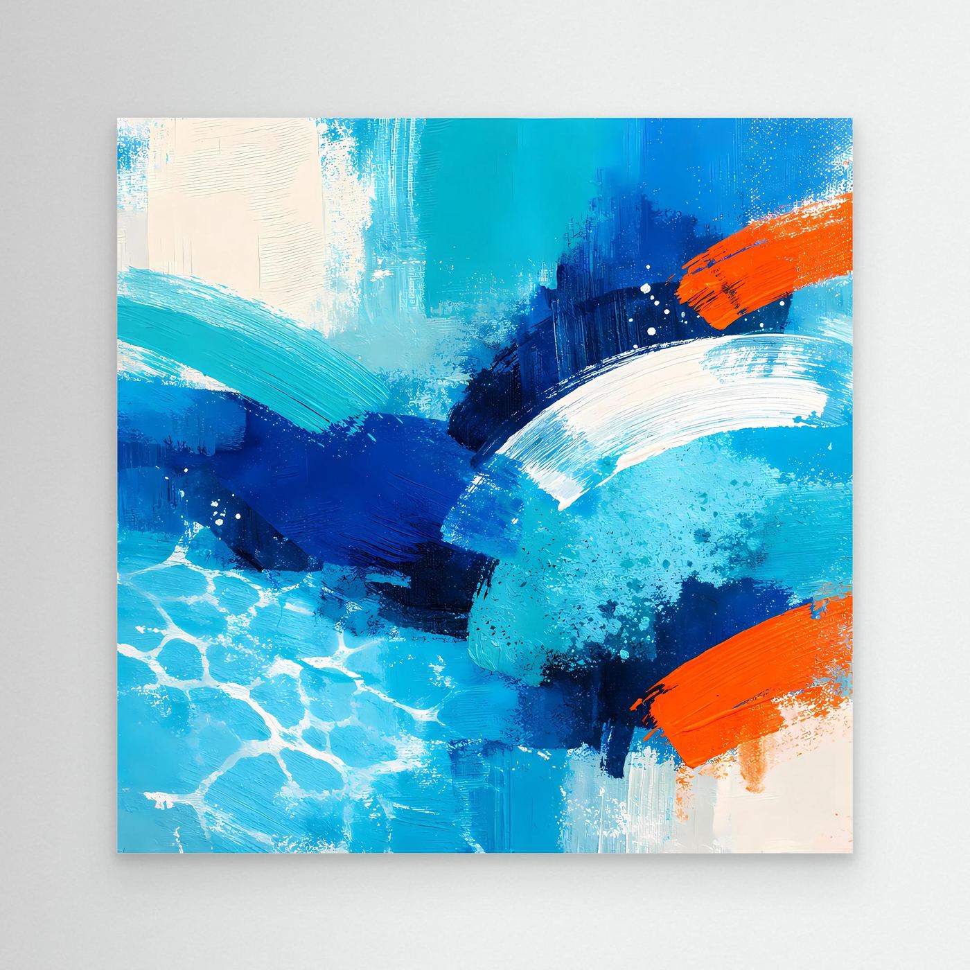 Abstract sea wave canvas wall art in blue with orange accents, unframed look