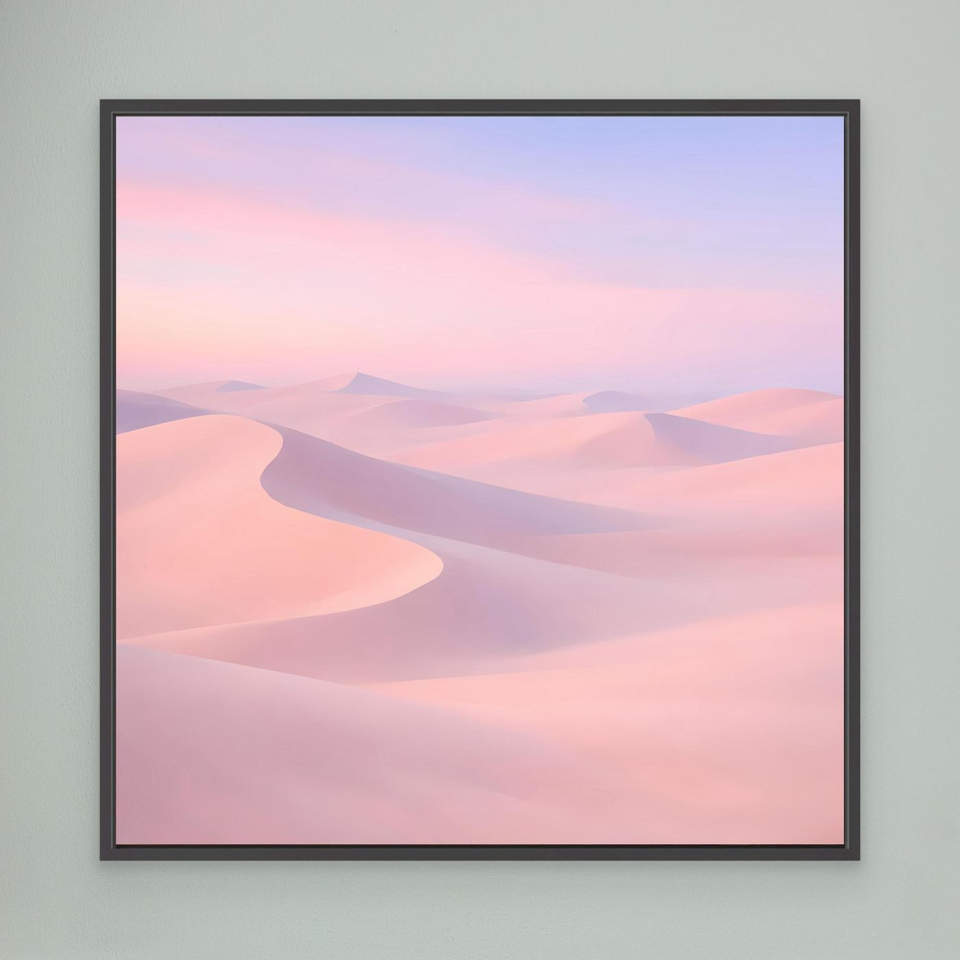 Quadratisches Leinwandbild mit Pastell-Wüstendünen in Rosa und Flieder, schwarzer Rahmen