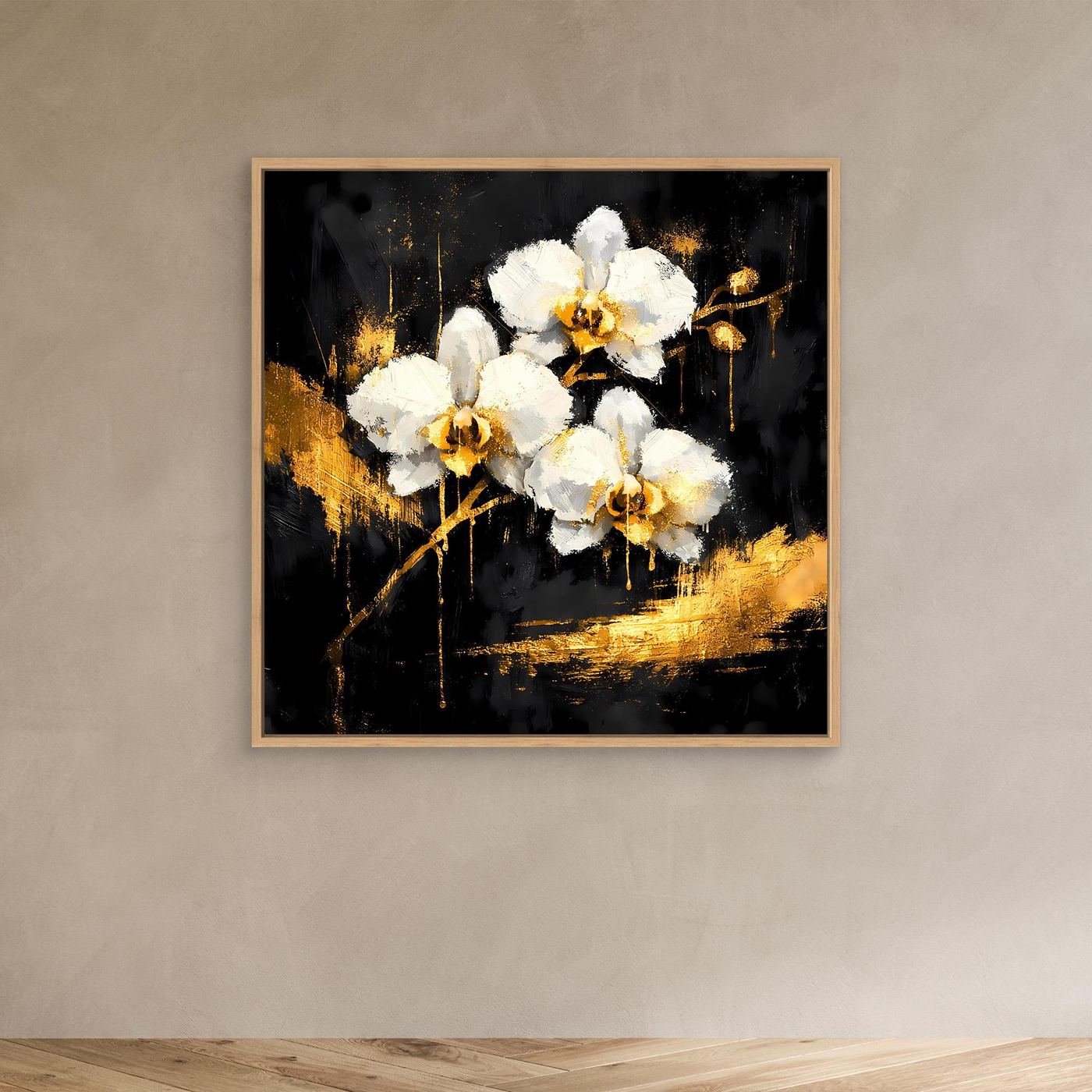 Leinwand Elegante Orchideen in Gold und Schwarz | Modernes Florales Luxus Wandbild