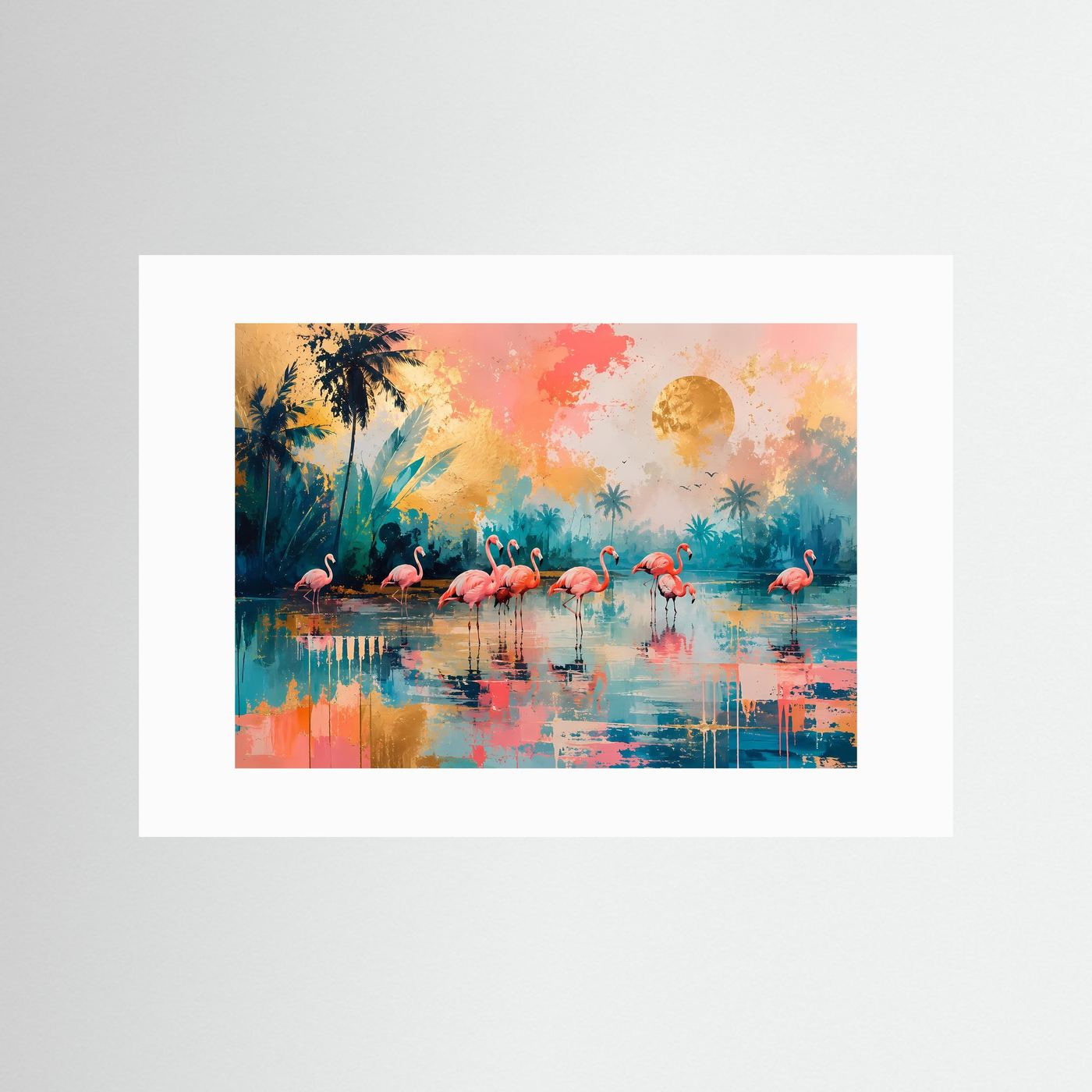 Flamingo Poster Modern | Tropisches Wandbild in Pastell | Abstrakte Flamingo Kunst | Exotische Lagoon Deko | Leinwand Wohnzimmer