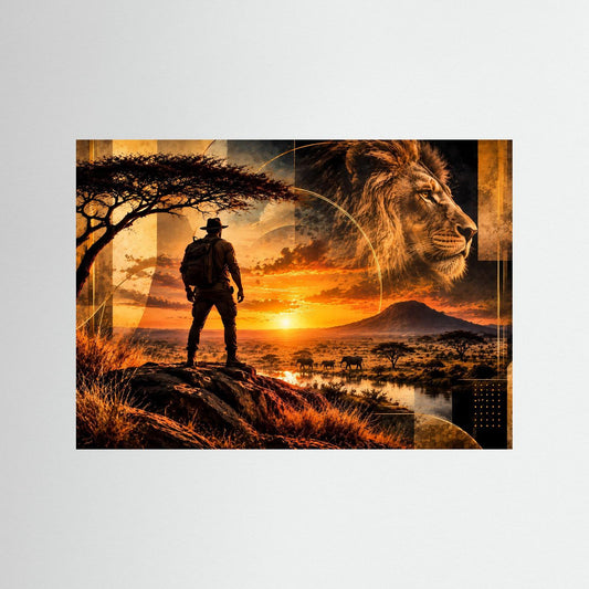 Querformat-Poster mit Safari-Szene: Löwe rechts, Ranger mit Rucksack im Sonnenuntergang