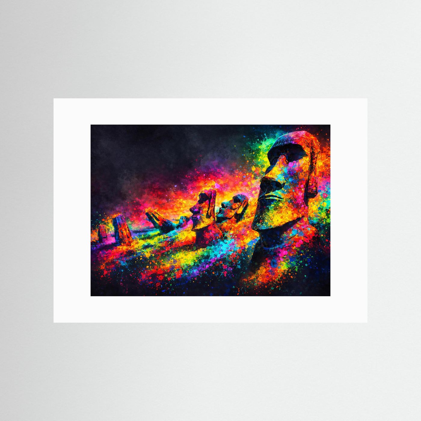 Farbenprächtige Moai Statuen Reihe | Neon Pop Art & Osterinsel Wandbild Querformat
