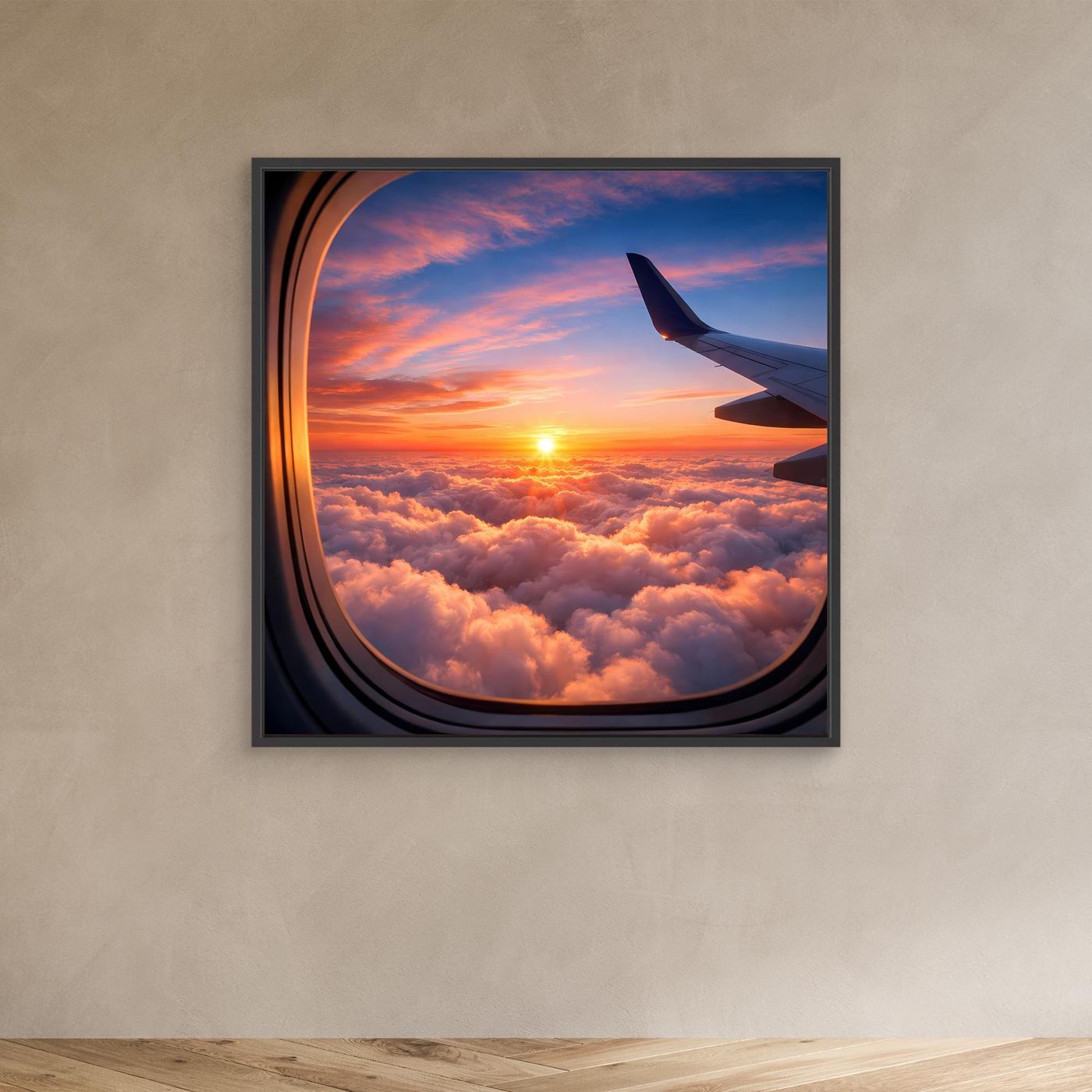 Leinwandbild Flugzeugfenster mit Sonnenuntergang über Wolken; schwarzer Rahmen