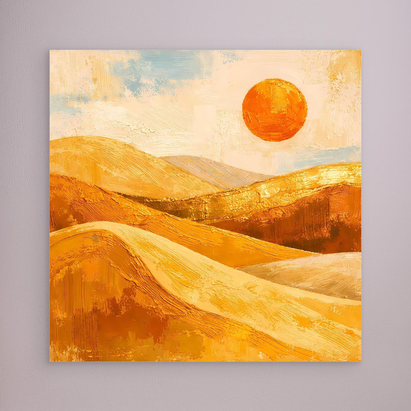 Abstraktes Leinwand-Wandbild mit goldenen Dünen und orangefarbener Sonne, ohne Rahmen